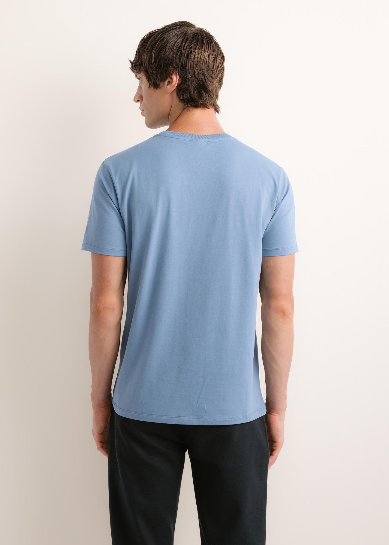 Dark blue men's T-shirt TSHMT-0120-7C(Z26), back view on a model. Half of the figure is visible.