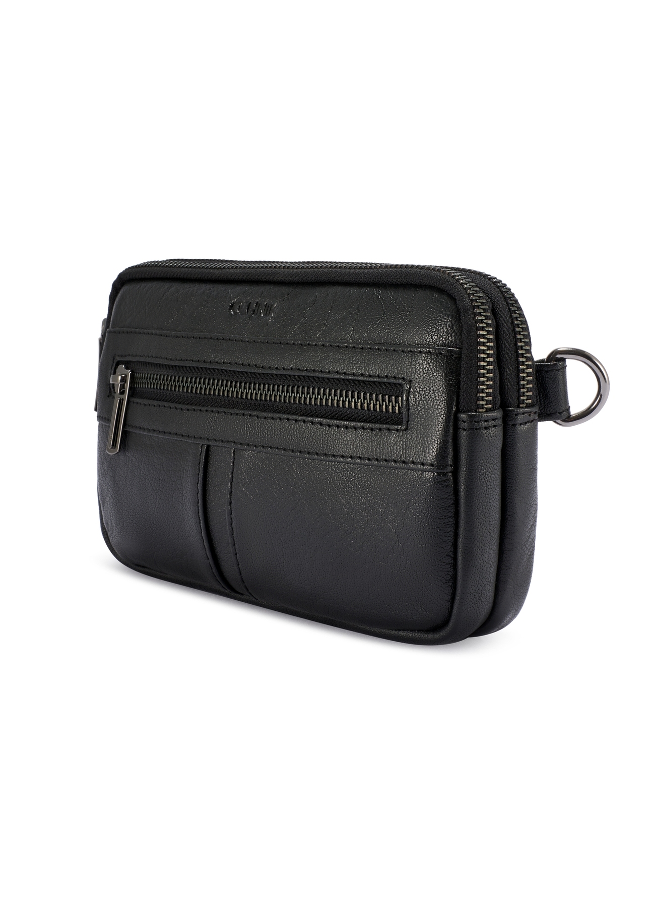 Small black leather men's bag TORMS-0492-99(W26), diagonal product view on white background.