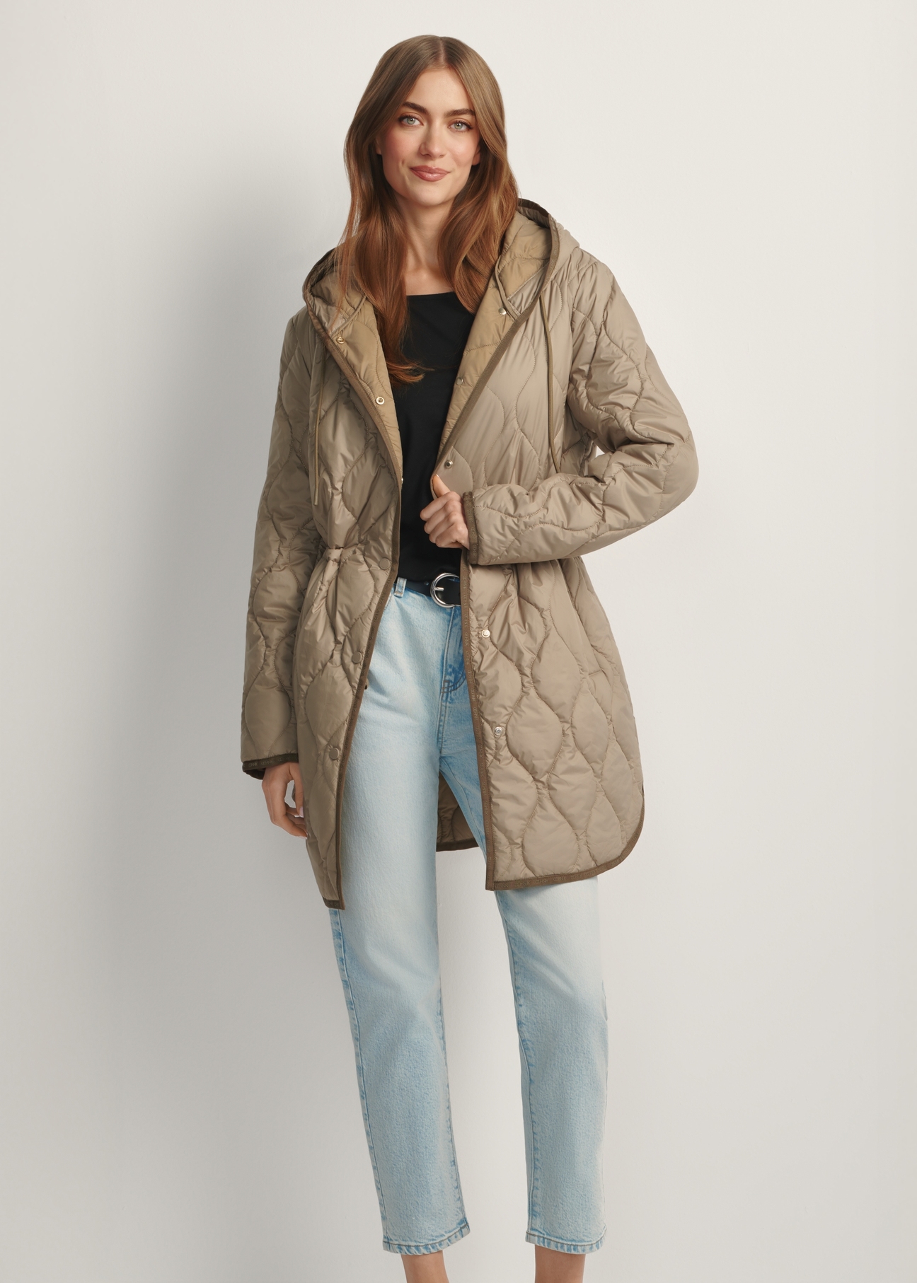 Dark beige women's quilted jacket KURDT-0654-1B(W26), front view of the product on the model. Full body visible.
