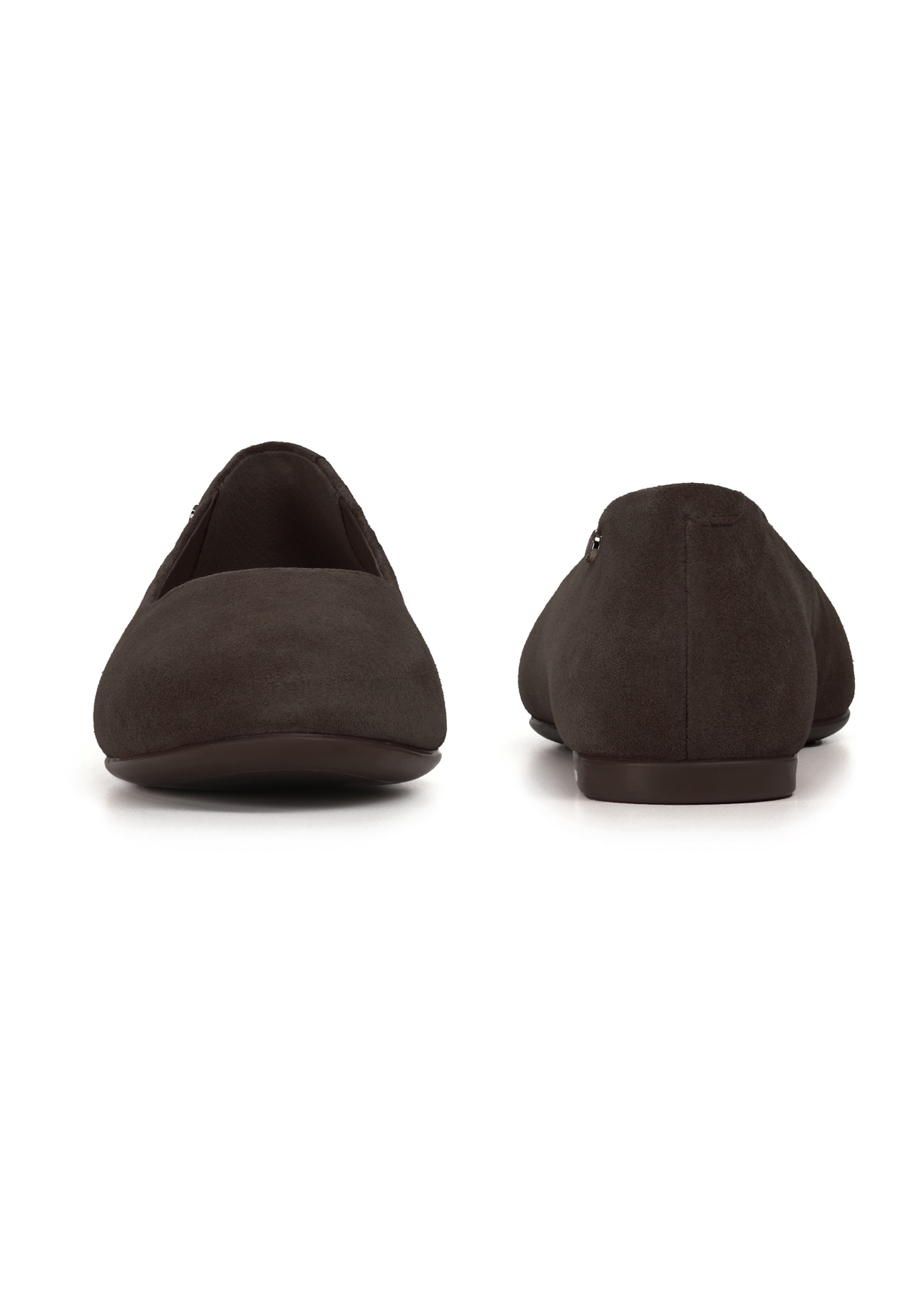 Women's suede ballet flats in brown color BUTYD-1247-1I(W26), front and back view of the product on a white background.