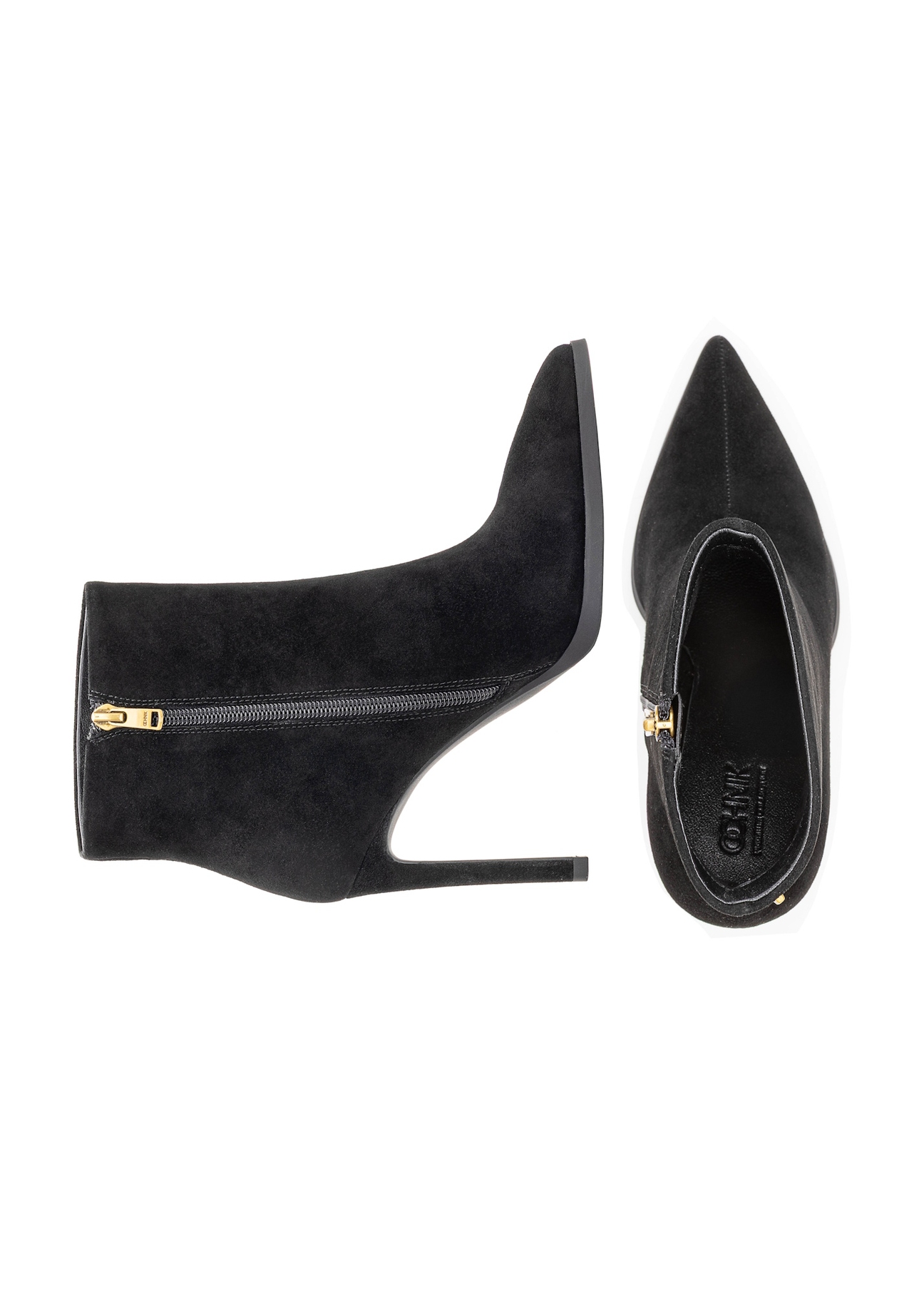Black suede high heel ankle boots BUTYD-1207-99(Z25), top view of the product on a white background.