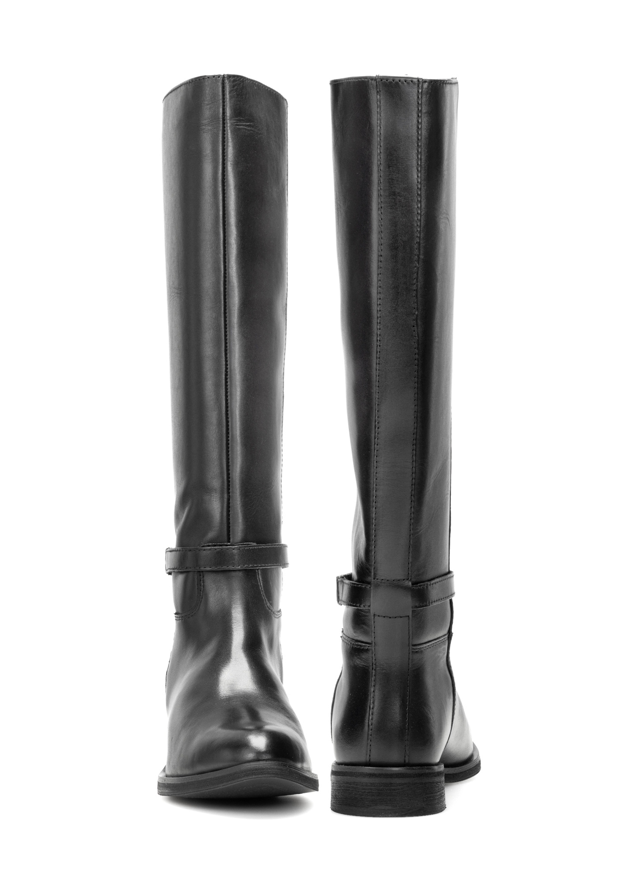 Black leather women's boots BUTYD-1204-99(Z25), front and back product view on white background.