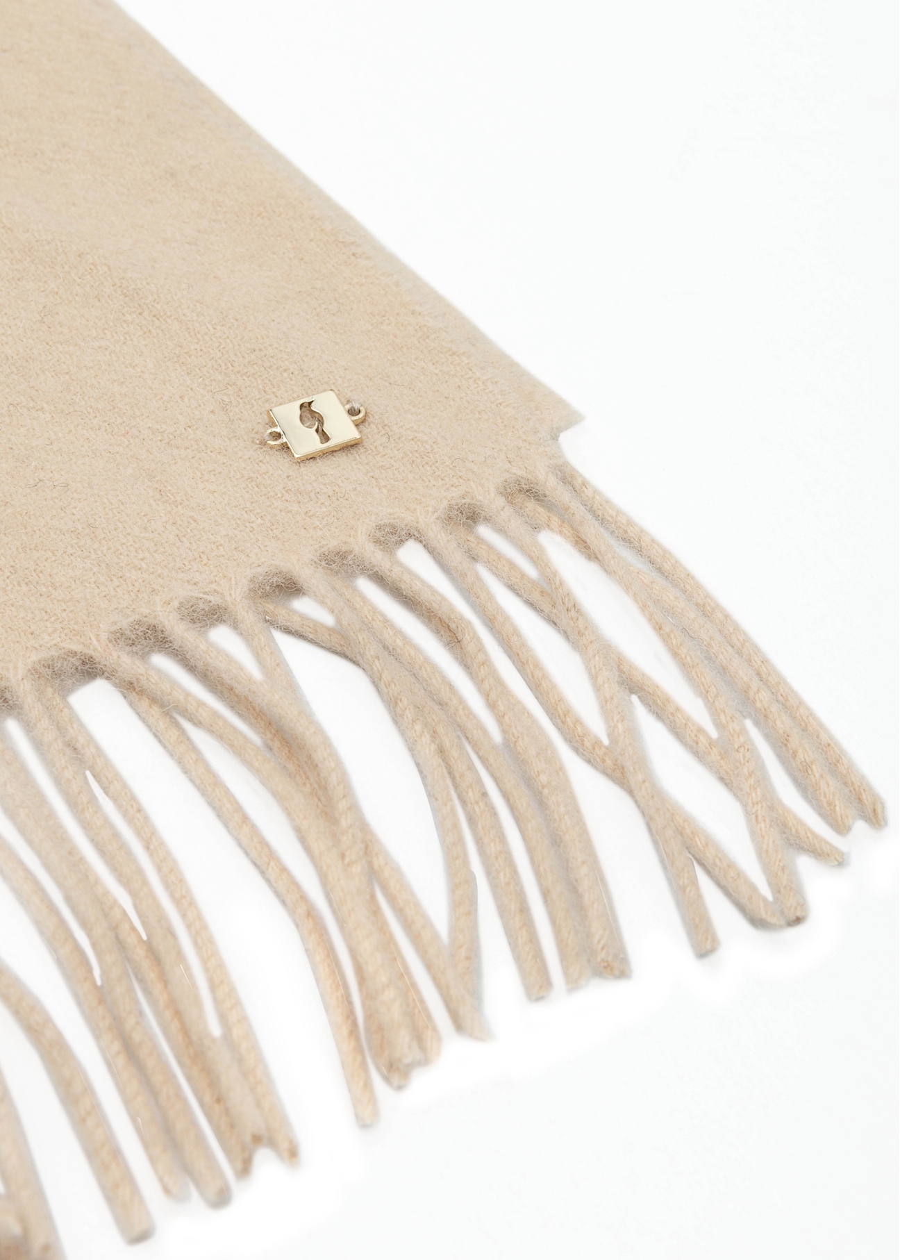Beige women's woolen scarf SZADT-0092-81(Z25), close-up of the product detail on a white background.