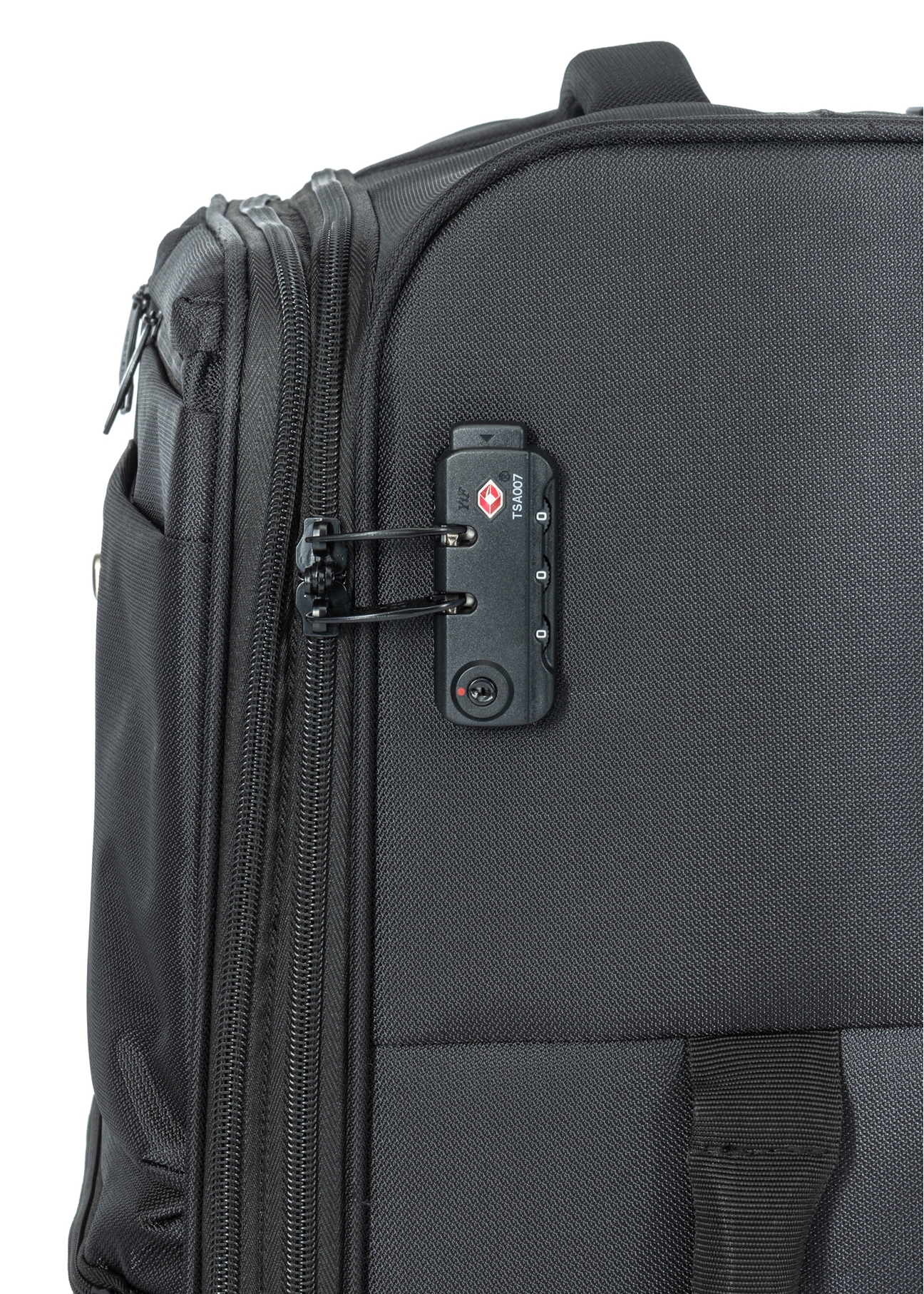 Large suitcase on wheels WALNY-0048-99-28(W26), close-up of the product zipper on a white background.