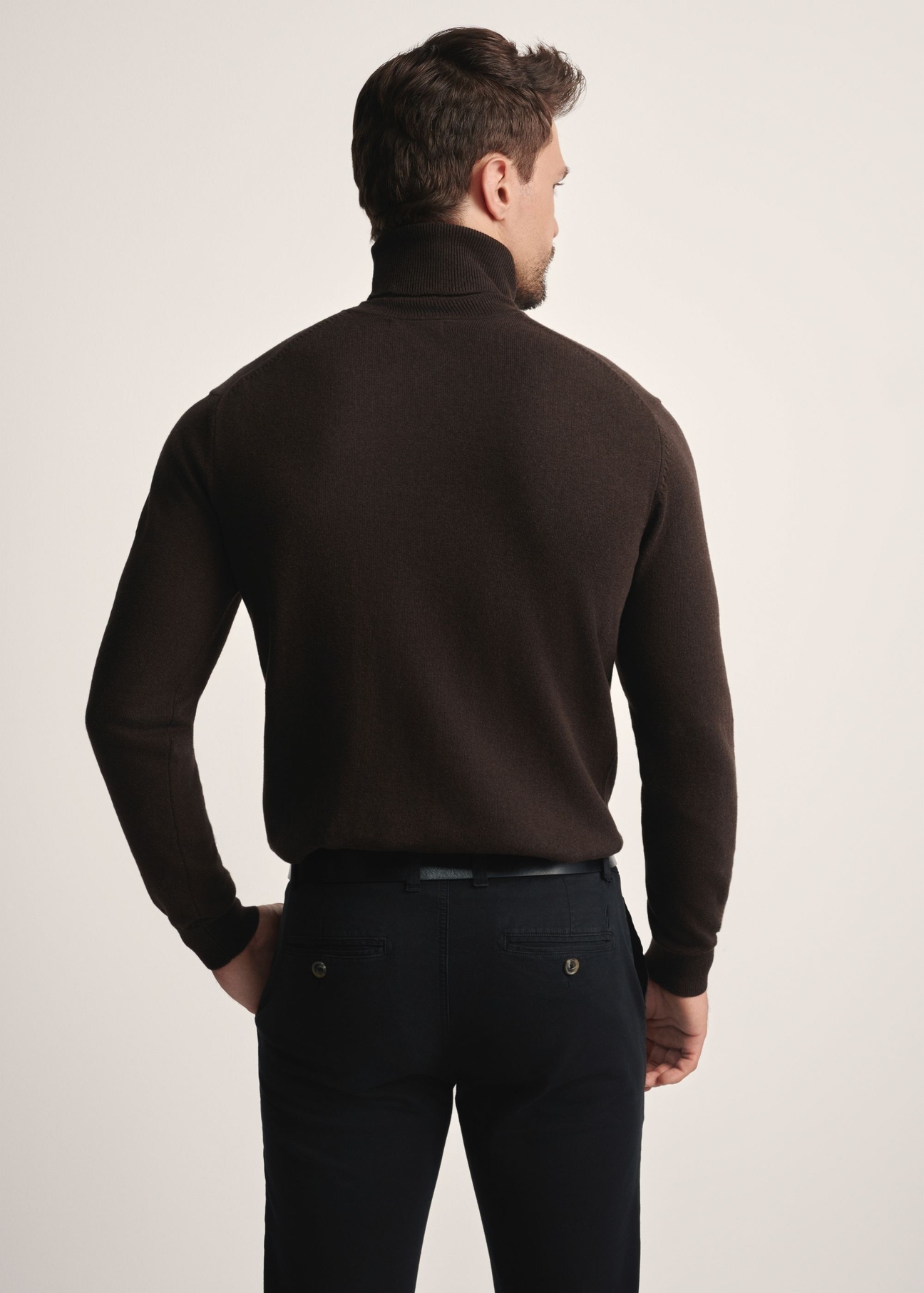 Men's turtleneck sweater in dark brown color SWEMT-0095B-1I(Z26), product view from the back on the model, half of the silhouette visible.