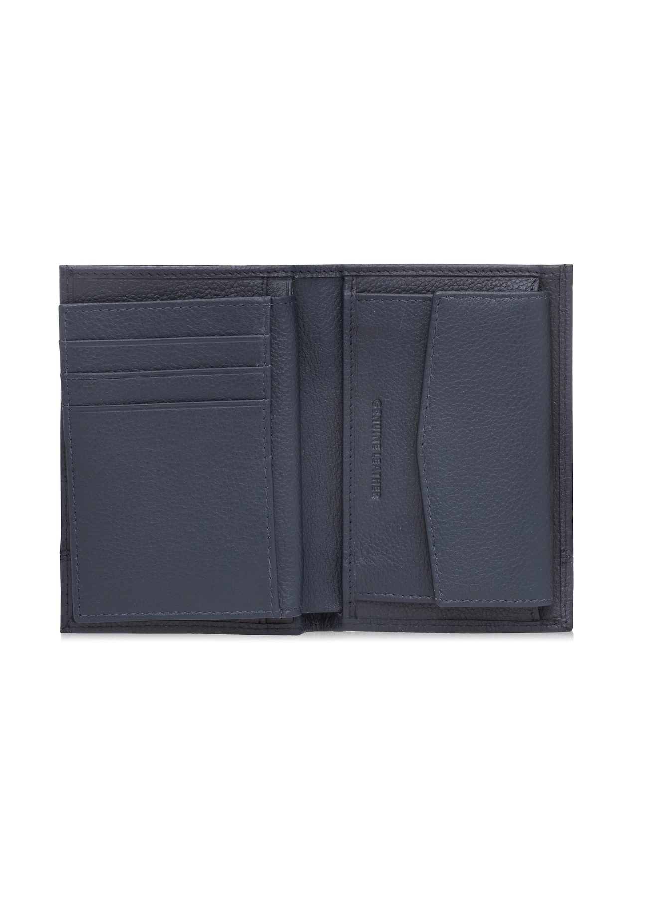 Navy blue men's leather wallet PORMS-0022B-69(W25), interior view of the product on a white background.