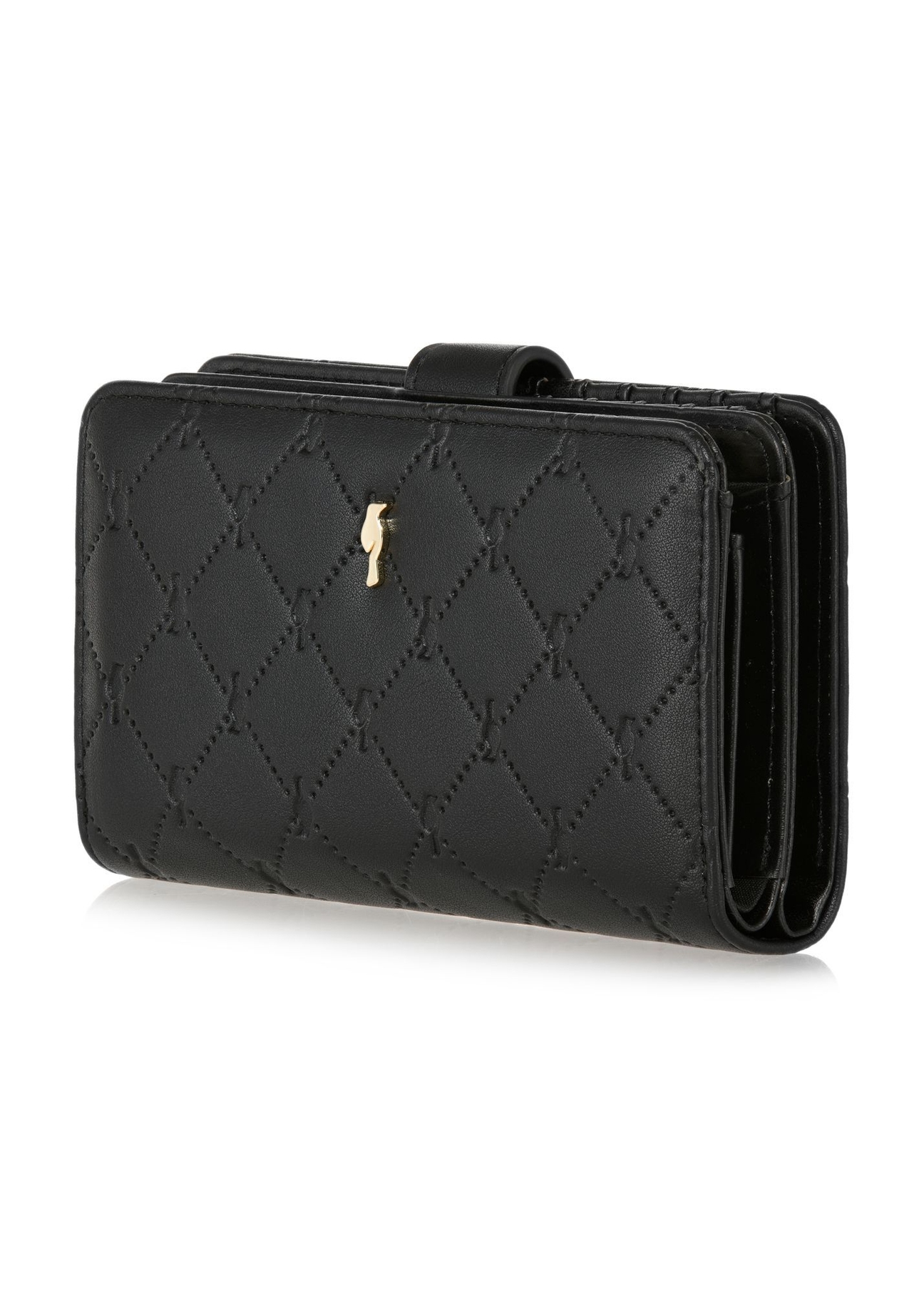Black women's wallet with embossed pattern POREC-0391A-99(Z25), diagonal product view on white background.