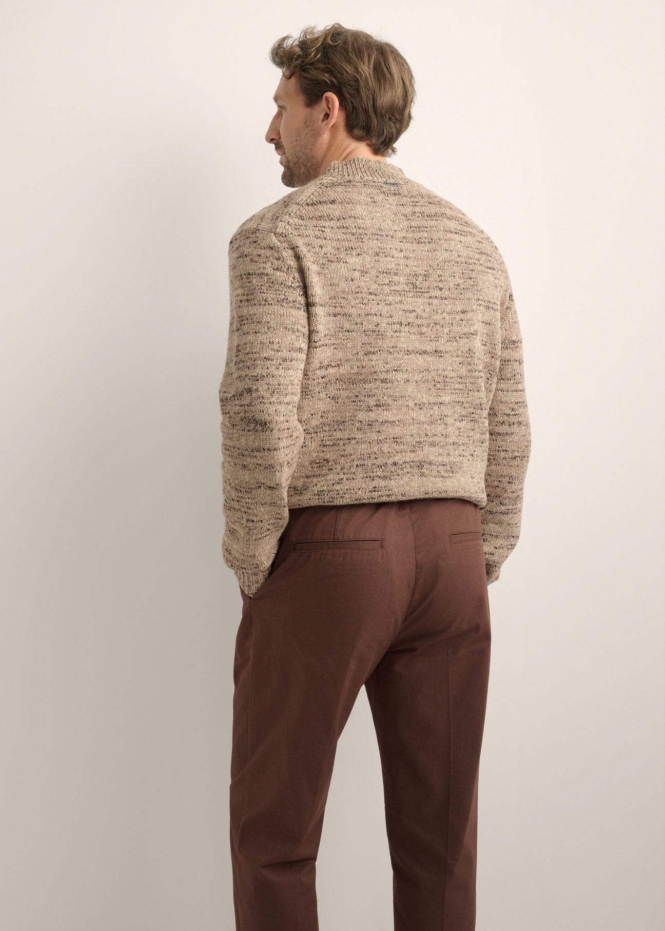 Brown men's sweater SWEMT-0194-1K(Z26), product view from the back on the model. Half of the silhouette visible.
