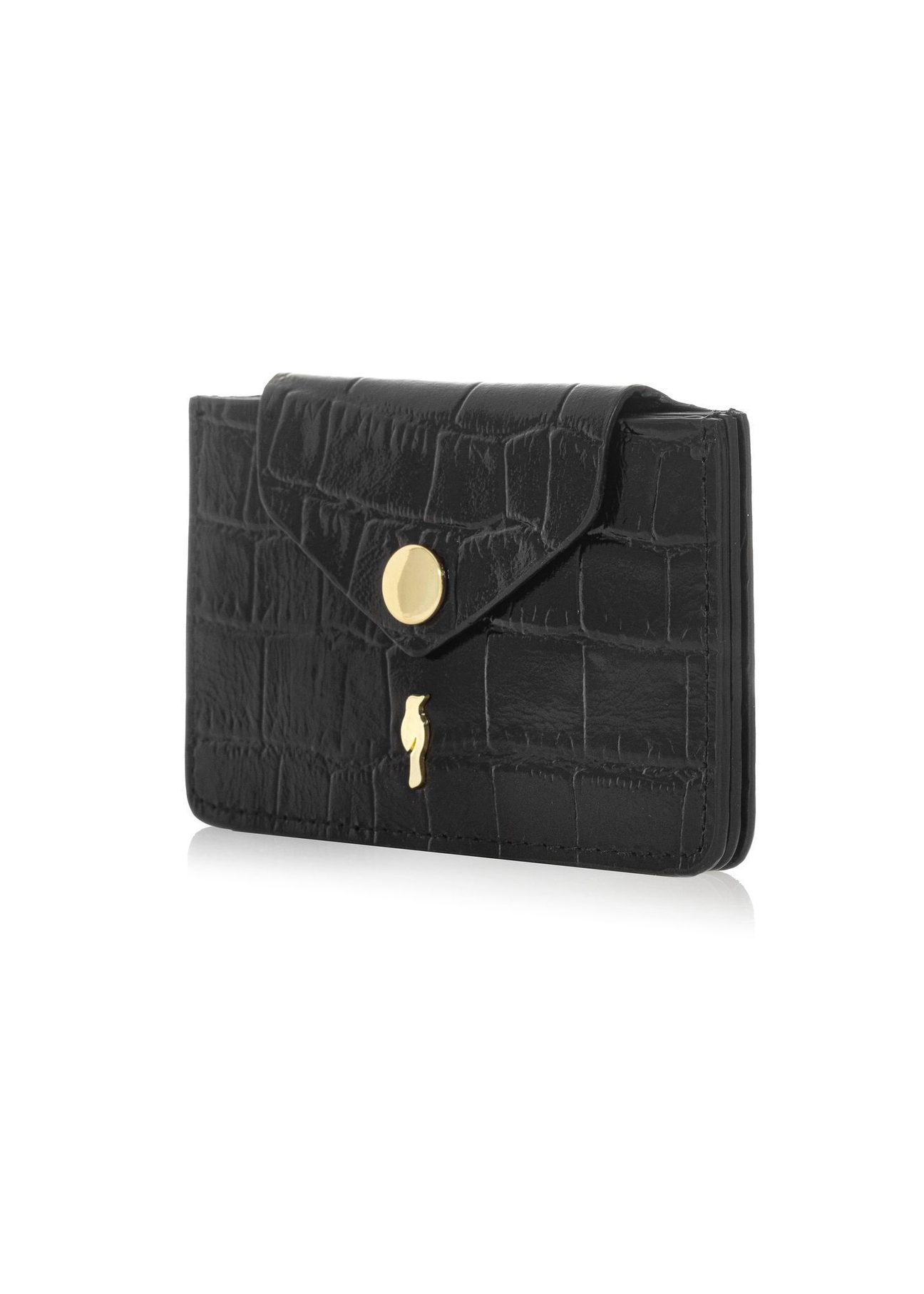 Small black leather women's wallet PORES-0890-9G(W26), diagonal product view on white background.