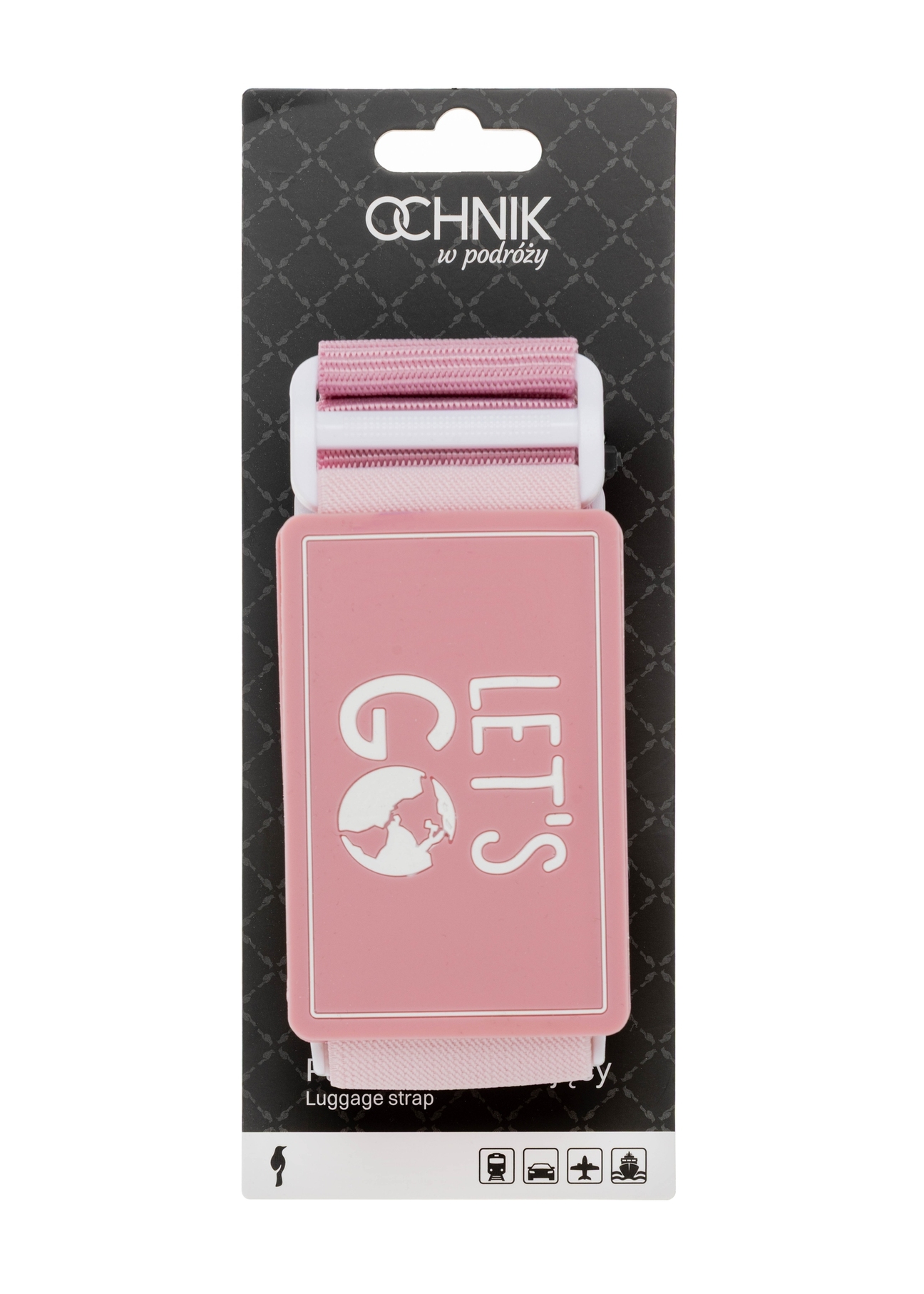 Luggage belt in pink color AW-011-0002-5D(W26), front view of the product in the packaging on a white background.