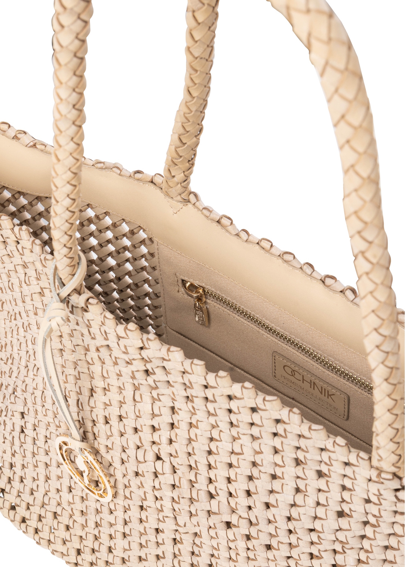 Beige leather woven handbag TORES-1300-0C(W26), close-up of the product on a white background.