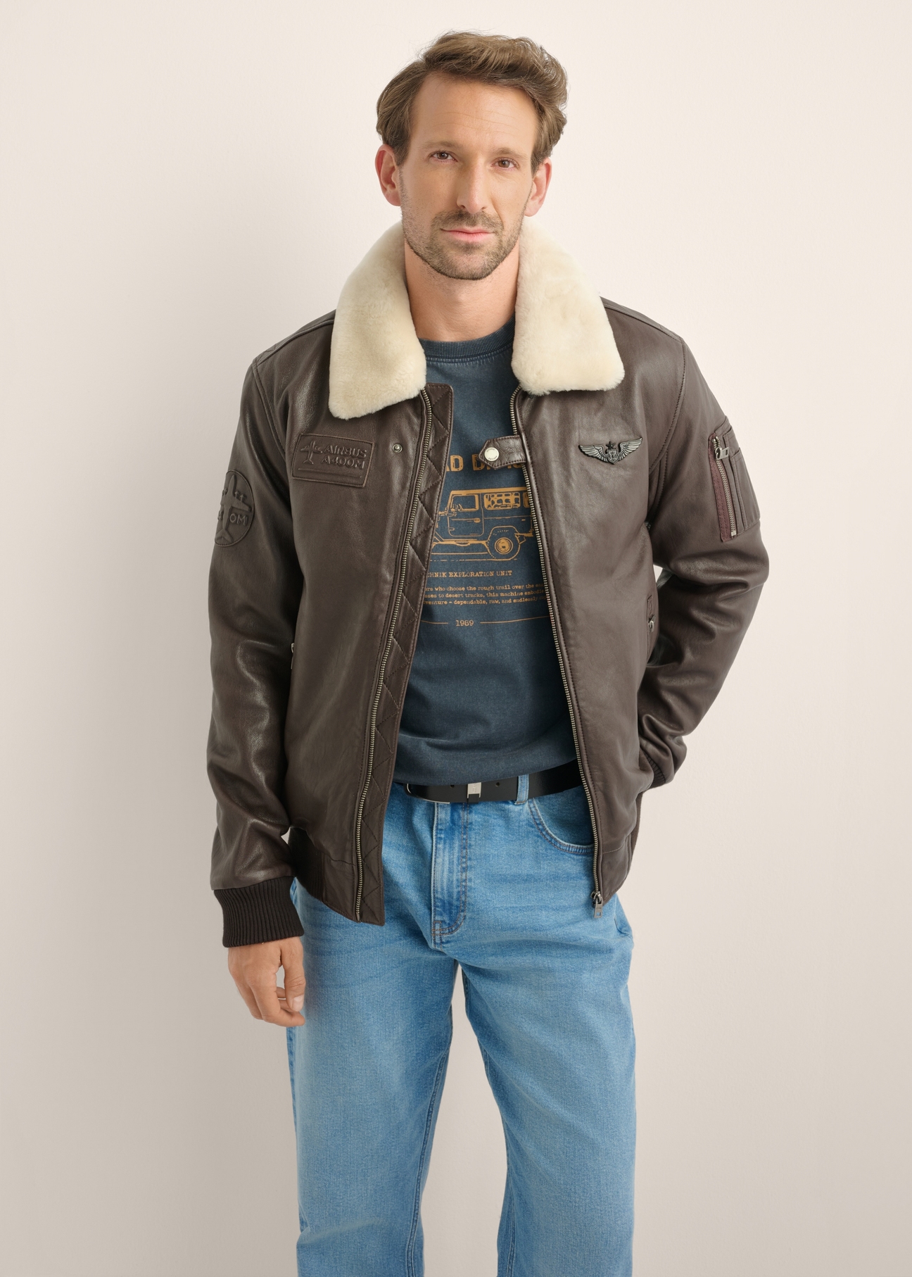 Brown men's leather bomber jacket KURMS-0350-1H(Z26)