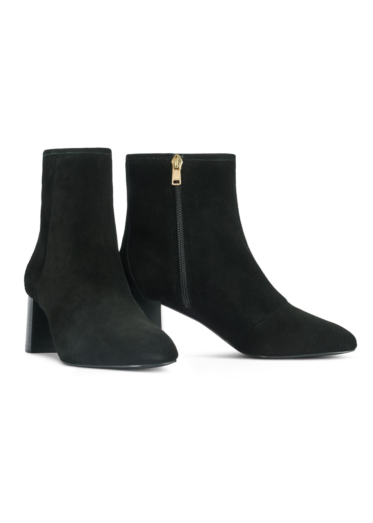 Black suede high heel ankle boots BUTYD-1218-99(Z25) - side view of a pair of shoes on a white background.