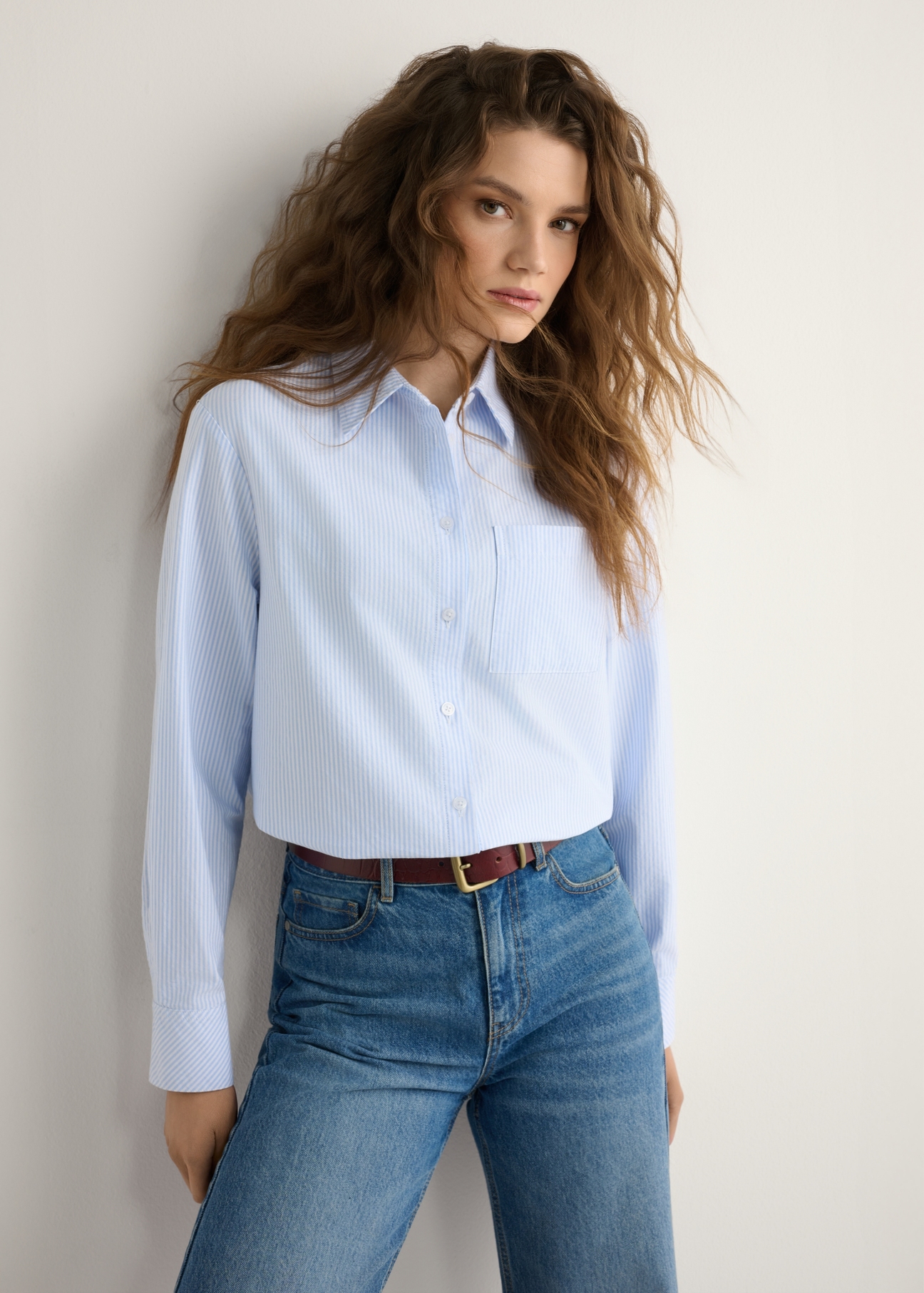 Women's cotton striped shirt KOSDT-0184-7A(W26), front view of the product on the model. Half of the silhouette visible.