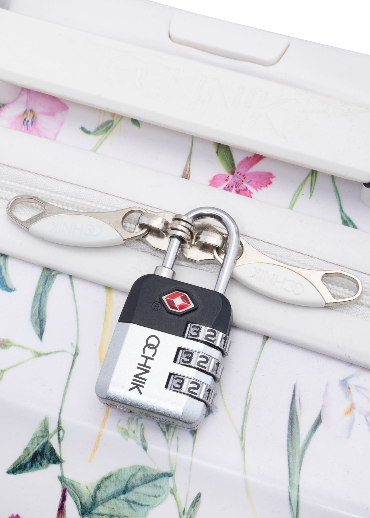 Silver TSA combination padlock AW-015-004-92(W25), product view on suitcase on white background.