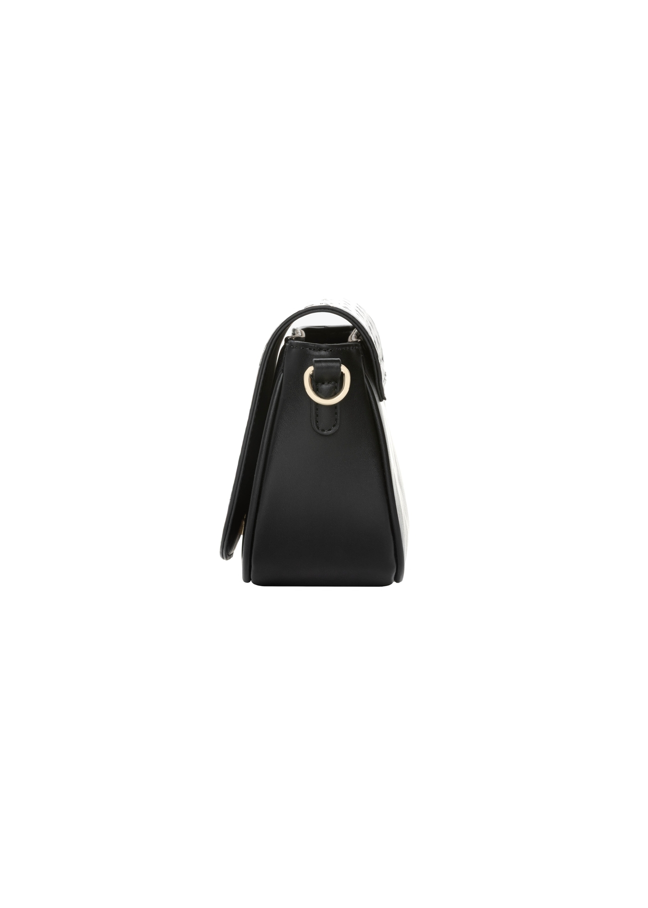 Small black women's messenger bag with monogram TOREC-1289-9P(Z26). Side view on a white background.
