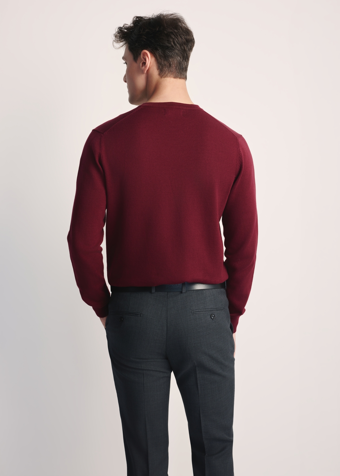 Burgundy men's sweater with logo SWEMT-0159A-49(Z25), product view from the back on the model. Half of the silhouette visible.