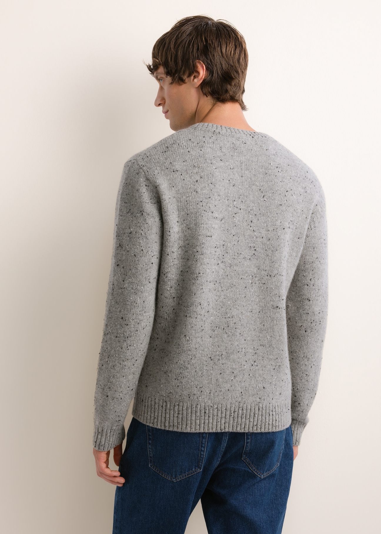 Light grey men's wool-blend sweater SWEMT-0173-9B(Z26), back view on a model. Half-body shot.