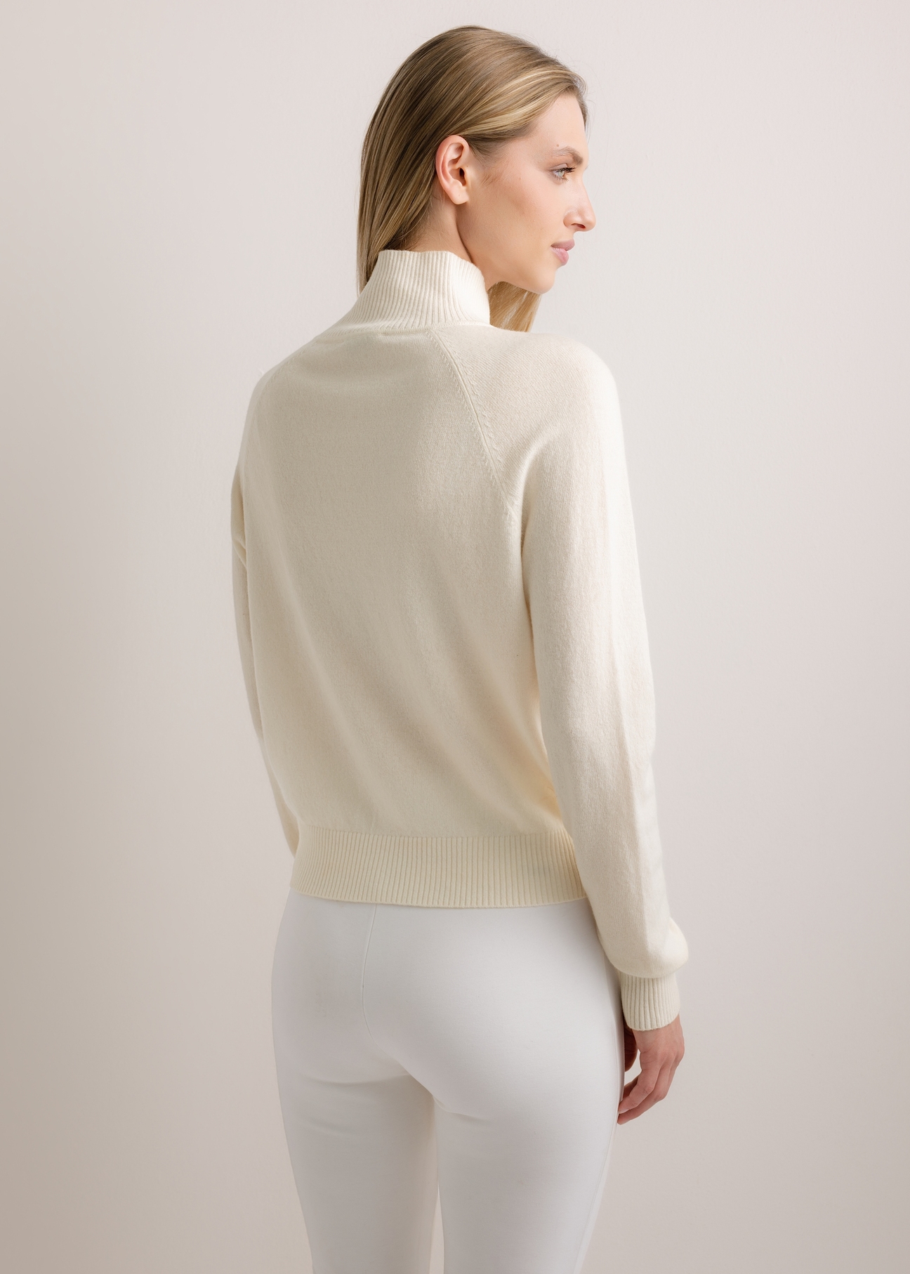Women's cream cashmere cardigan KARDT-0069-0B(Z26), product view from the back on the model. Full body visible.