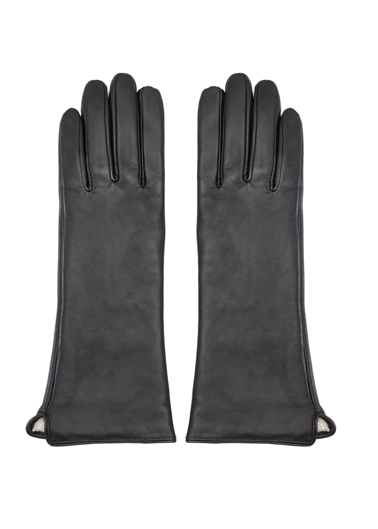 Long black leather women's gloves REKDS-0082A-99(Z26), product view from the front on a white background.