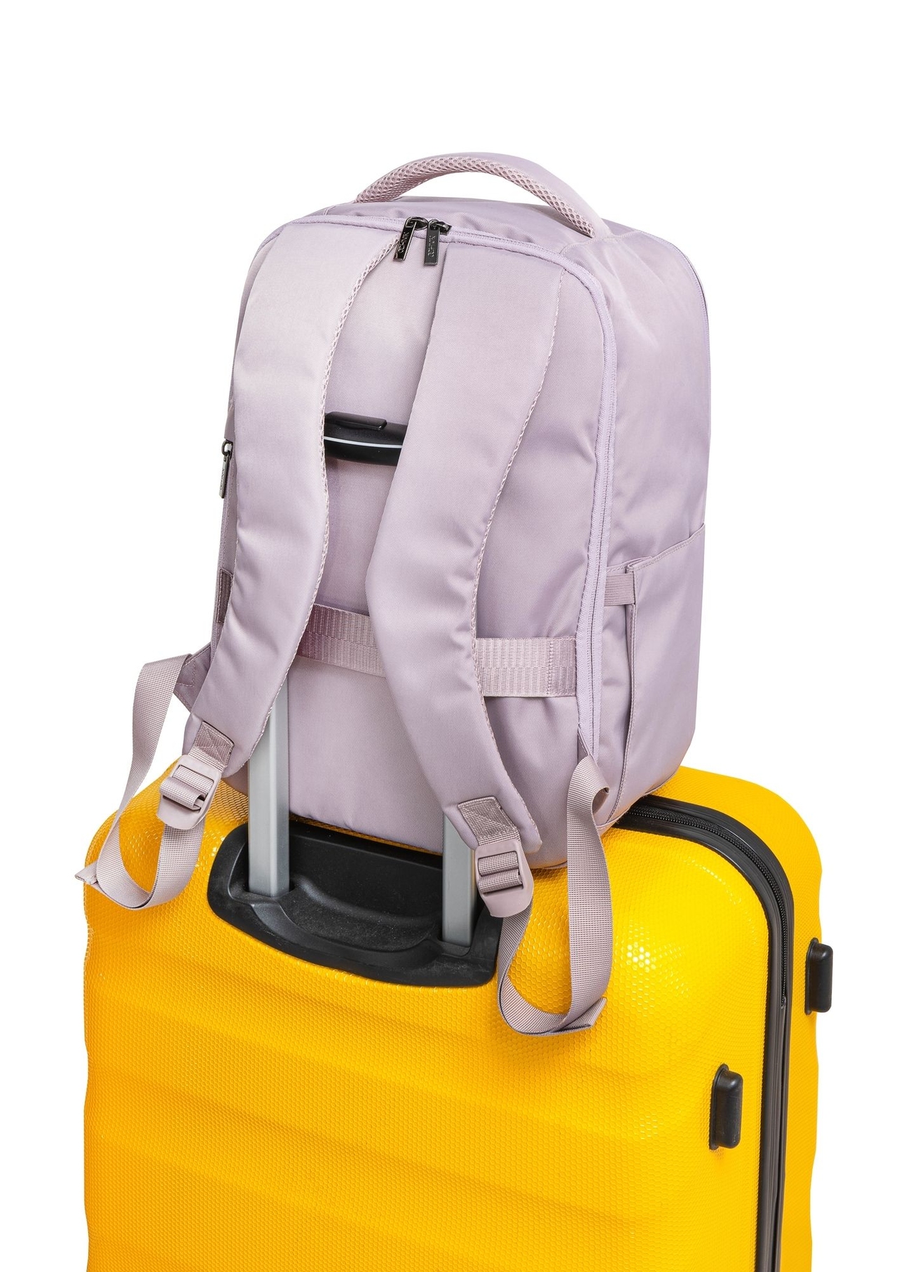 Pink backpack PLCMN-0014A-31(Z25), product view from the back on a suitcase on a white background.