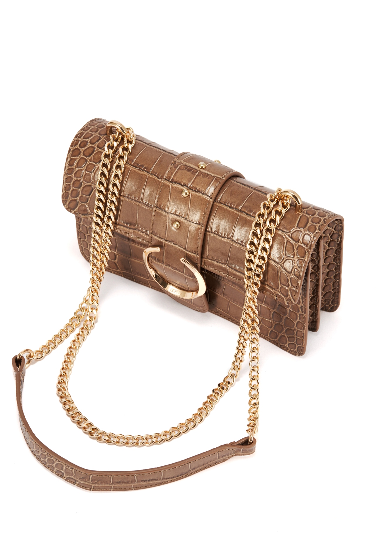 Beige small croco leather handbag TORES-1117-81(W25) - top view diagonally on white background.