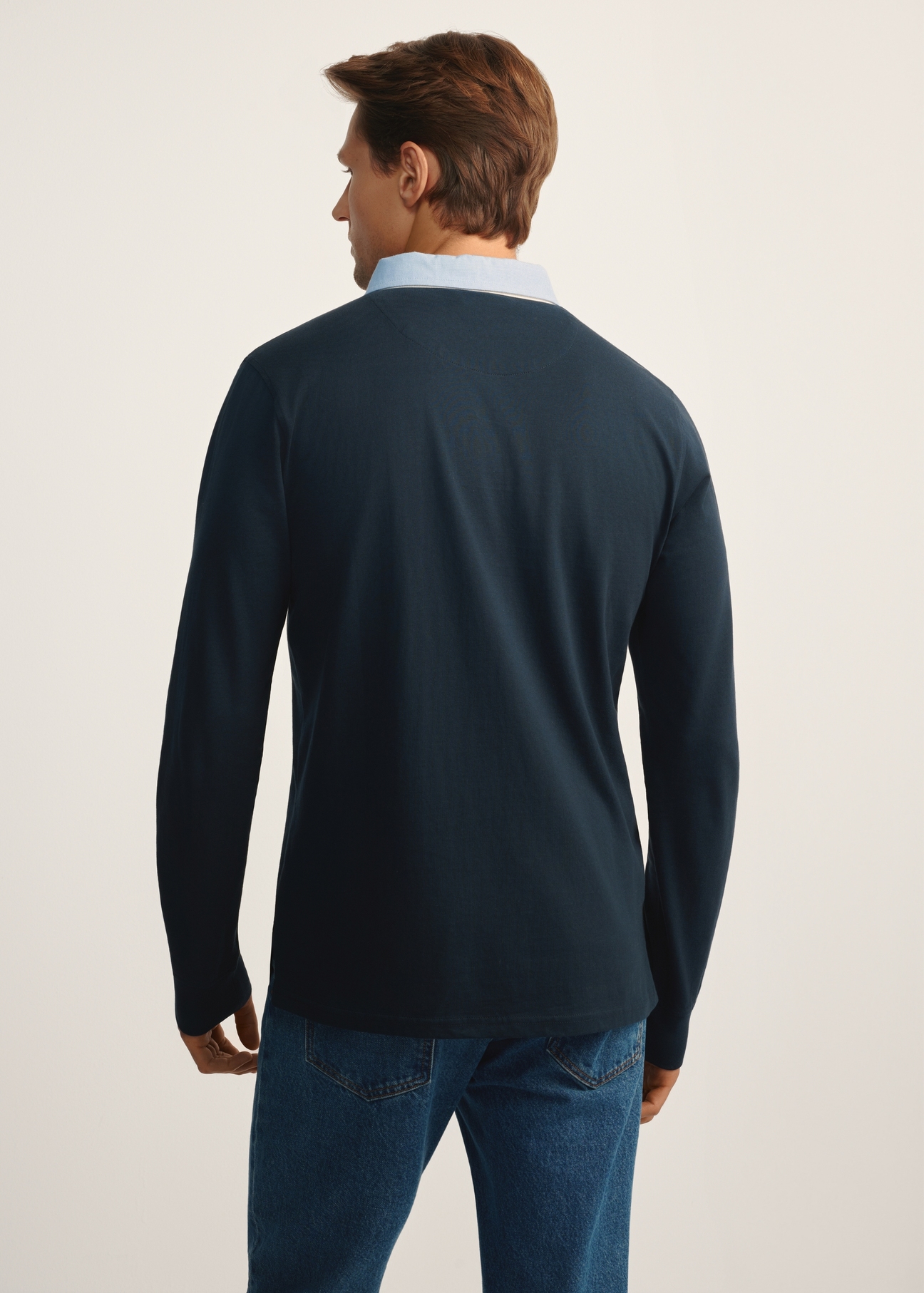 Men's navy blue longsleeve with collar LSLMT-0009-68(Z25), back view of the product on the model. Half of the silhouette visible.