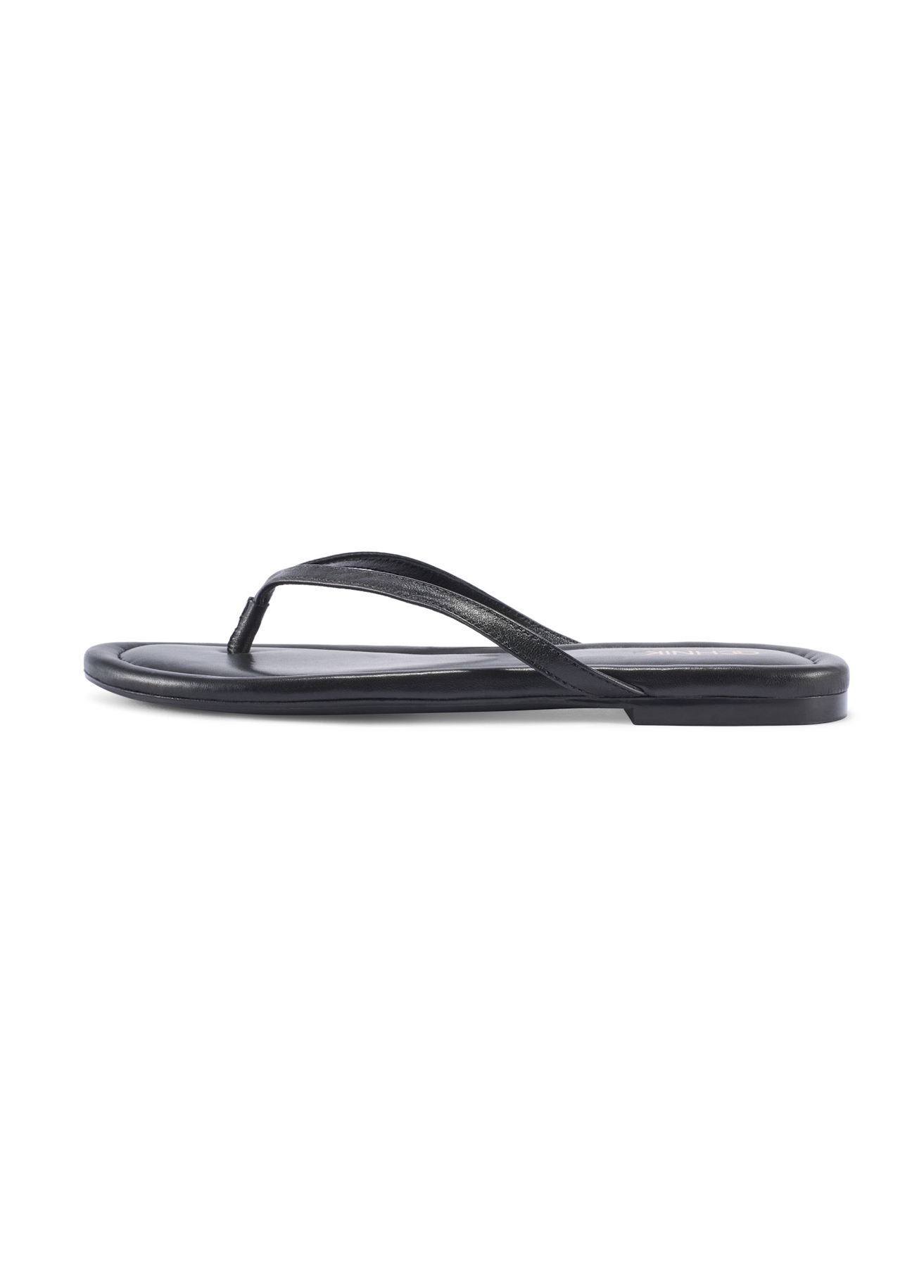 Women's leather flip-flops in black BUTYD-1271-99(W26), side view of the product on a white background.