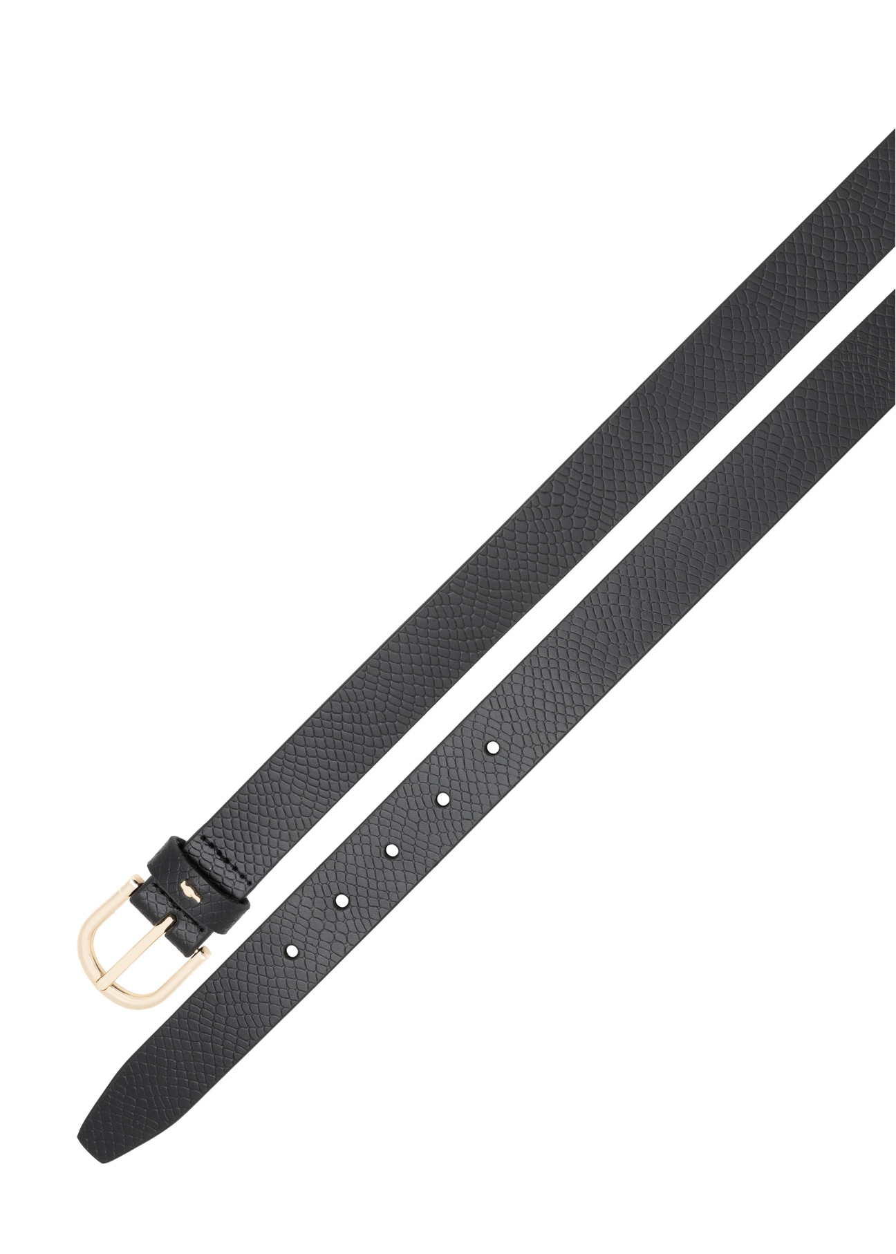Black leather women's belt PASDS-0333-99(Z25), view of the clasp of the product on a white background.