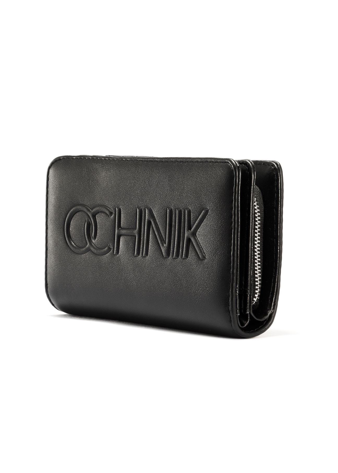 Black women's wallet with logo POREC-0401-99(W25), diagonal product view on white background.