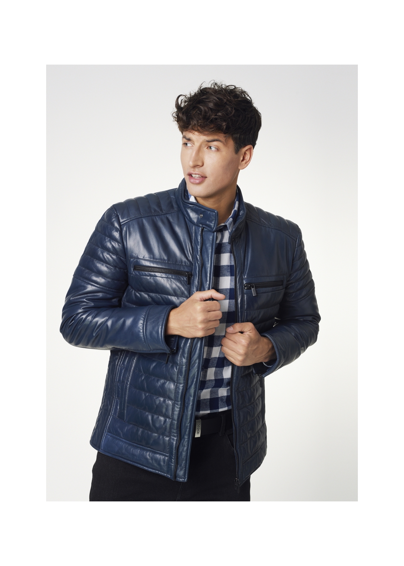 Men's navy blue glossy leather jacket KURMS-0195-4517(Z21)-01