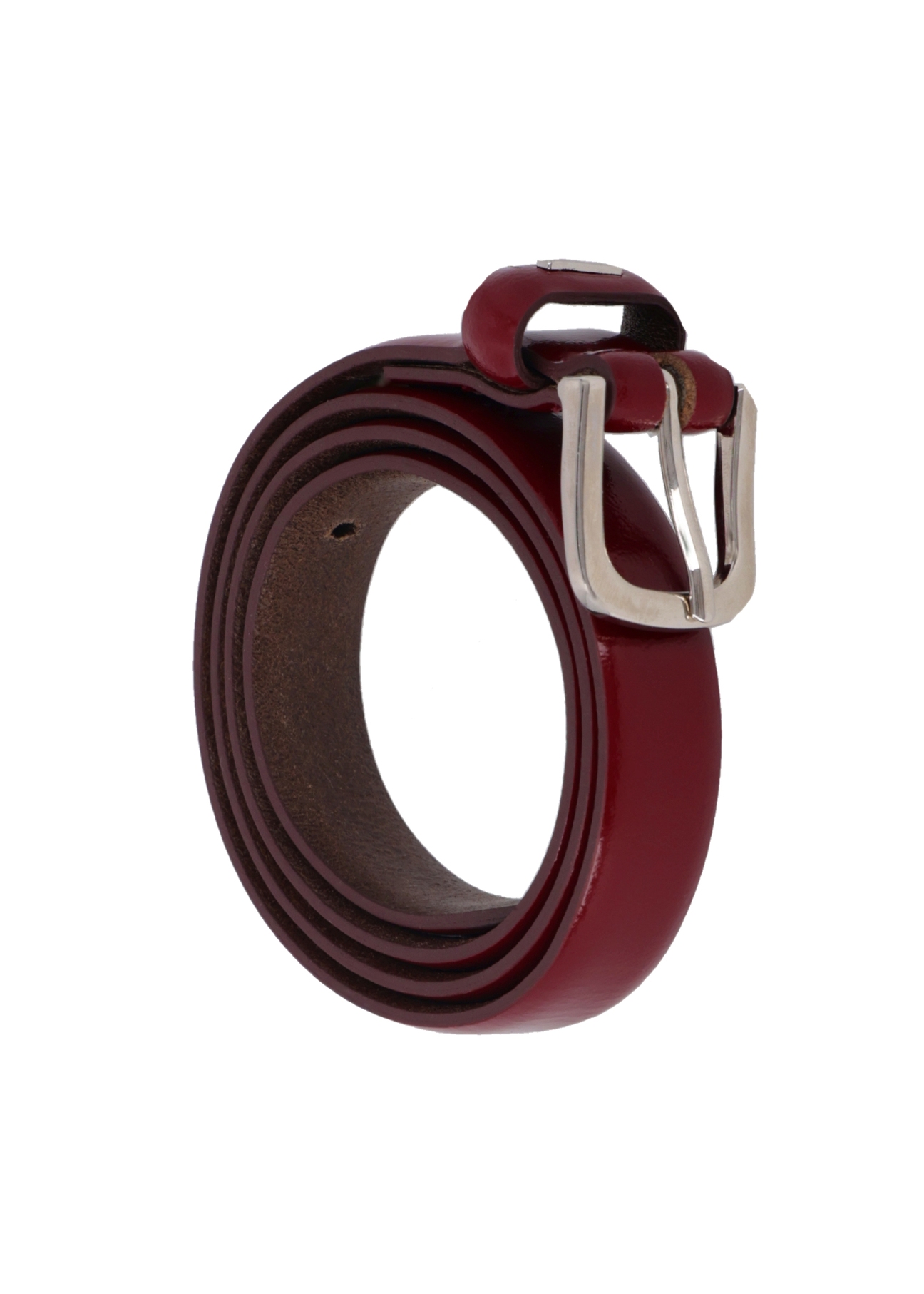 Dark red leather women's belt PASDS-0300-4C(Z26), diagonal product view on white background.