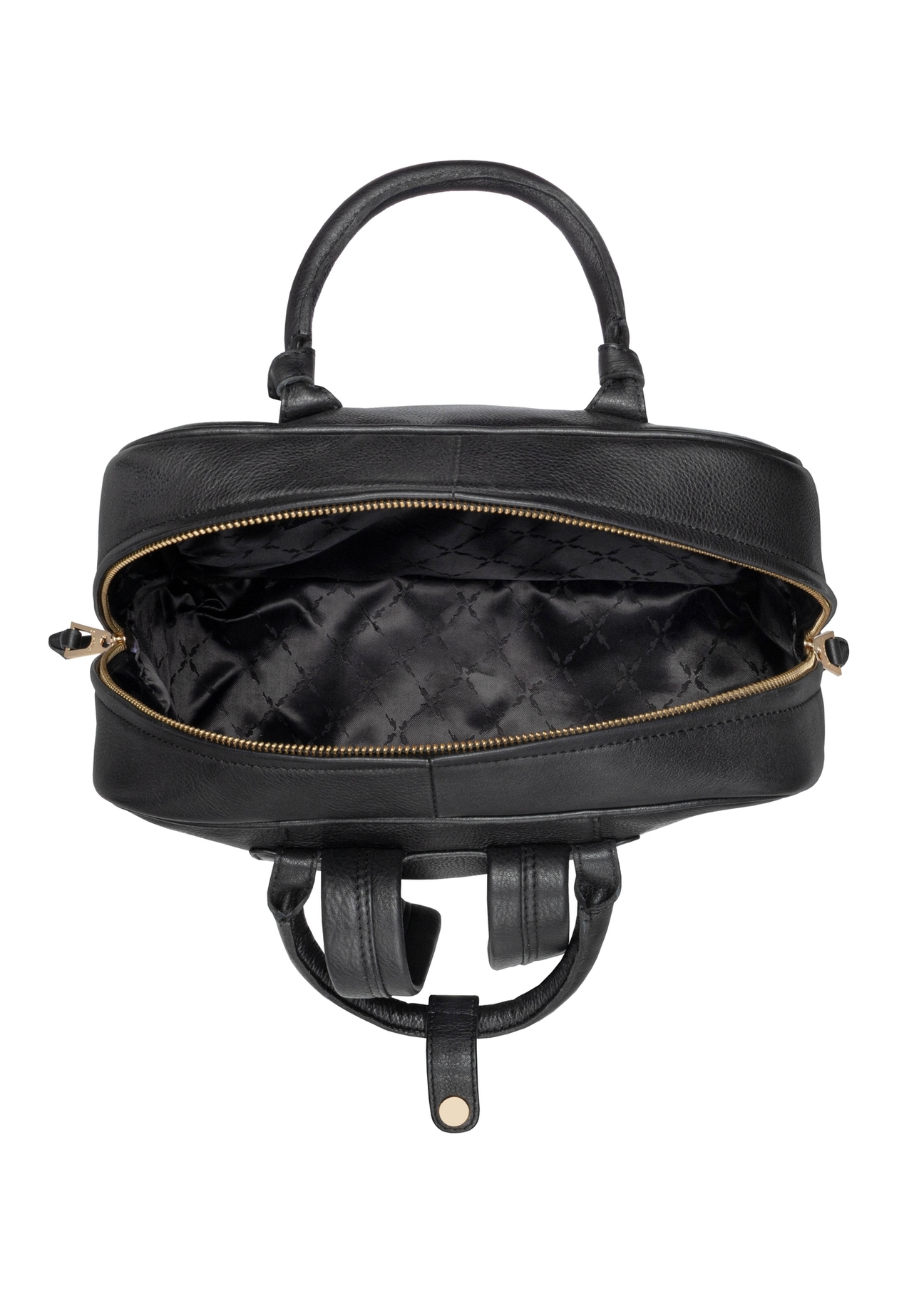 Black leather women's backpack TORES-1313-99(Z26). Top view on white background.