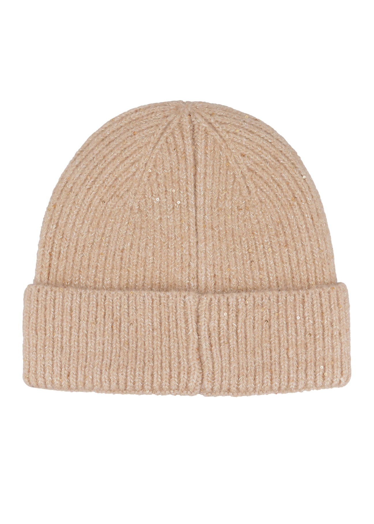 Beige women's hat with shiny thread CZADT-0227-1D(Z26), back view of the product on a white background.