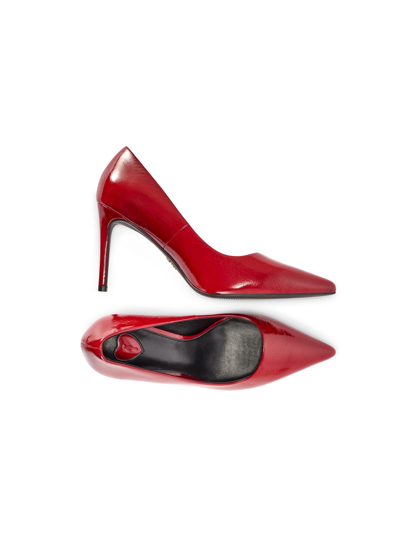 Red leather women's high heels BUTYD-1131A-4B(W26), product view from the top and side on a white background.