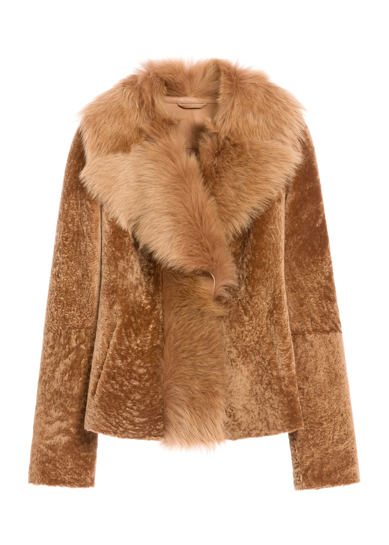 Women's leather sheepskin coat in camel color KOZDS-0095-3099(Z25), product view from the front on a white background.