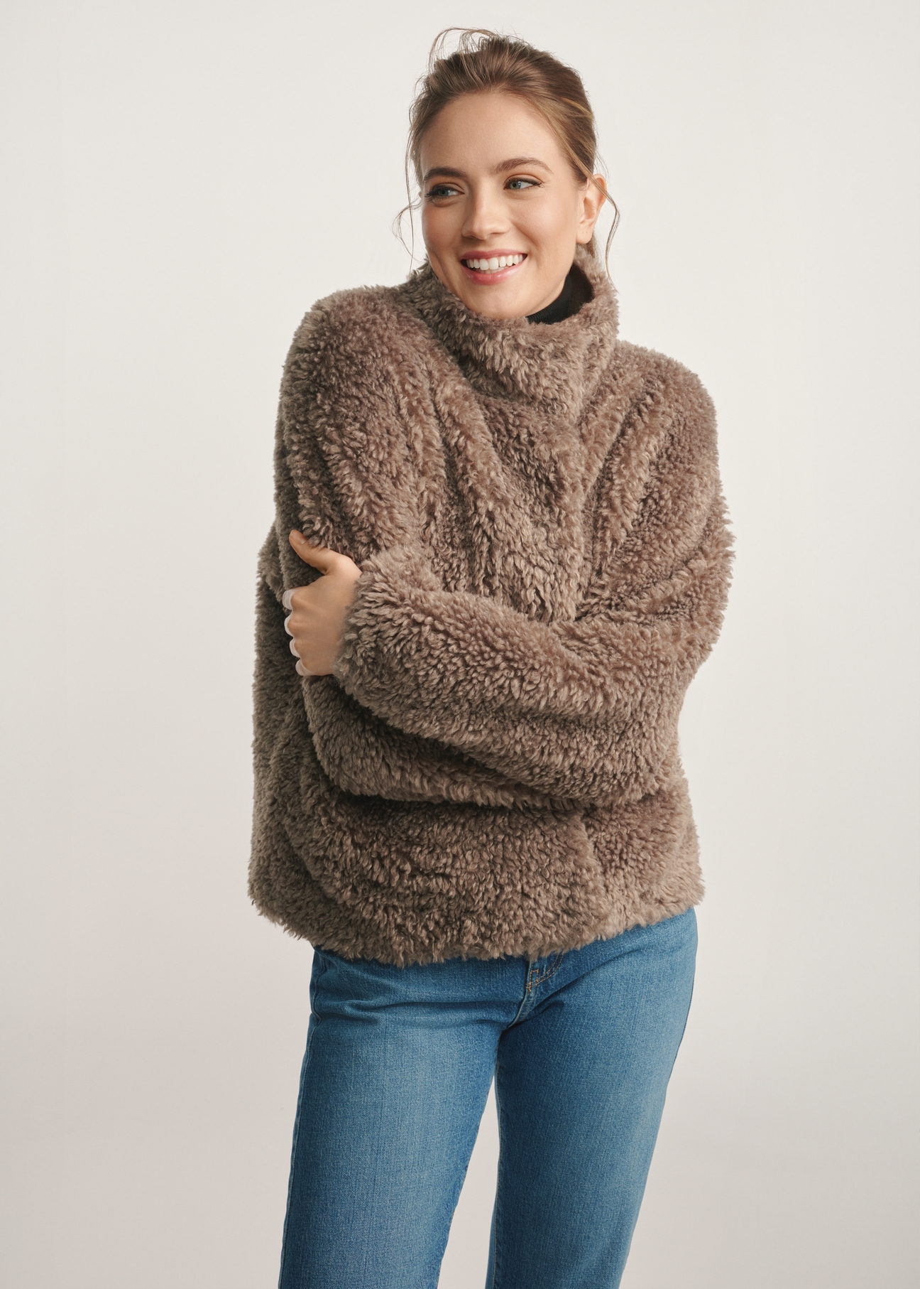 Women's ash fur coat FUTDP-0021 B-93(Z 25), front view of the product on the model. Half of the silhouette visible.