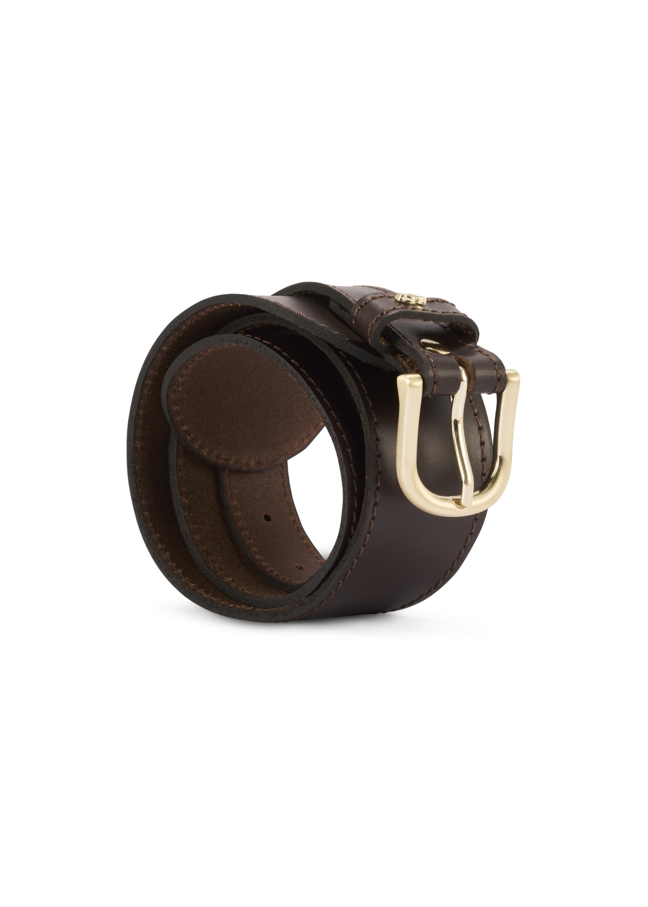 Brown leather women's belt PASDS-0330-90(Z25), front view of the rolled-up product on a white background.