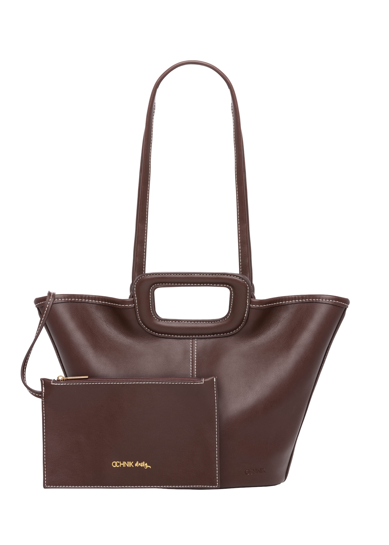 Dark brown women's handbag with stitching TOREC-1213-1H(W26), product view with cosmetic bag on white background.