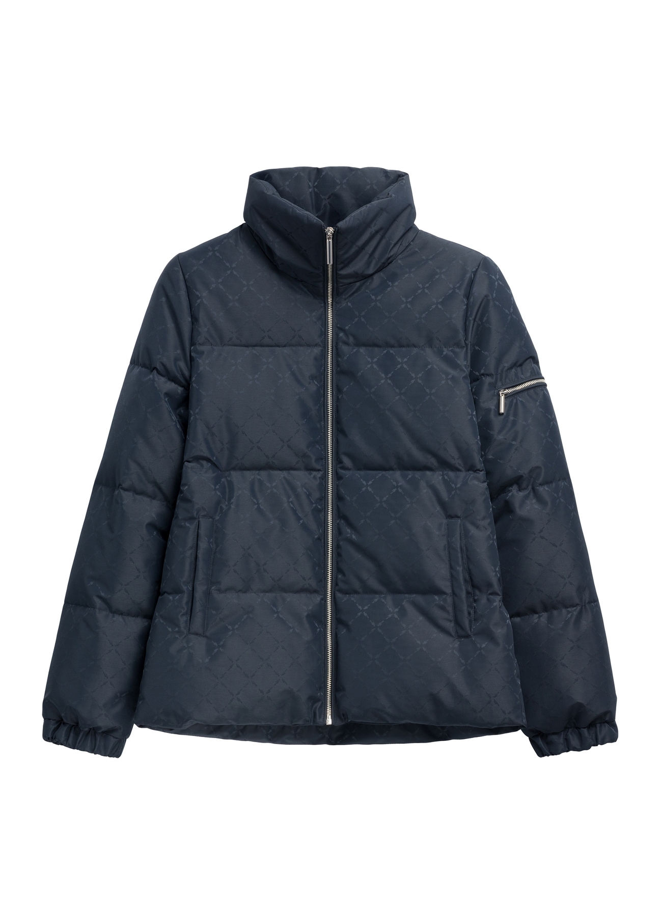 Navy blue women's jacket with a monogram pattern and a stand-up collar KURDT-0694-7E(Z26)