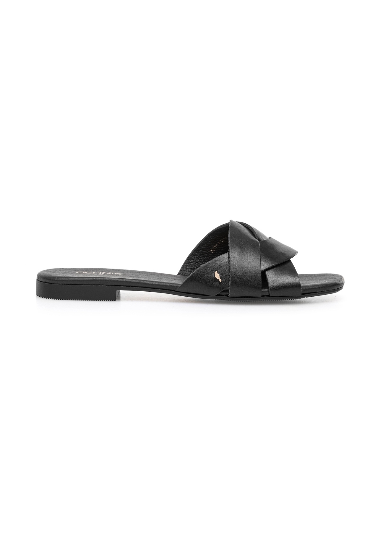 Women's leather flip-flops in black BUTYD-1159-99(W25), side view of the product on a white background.