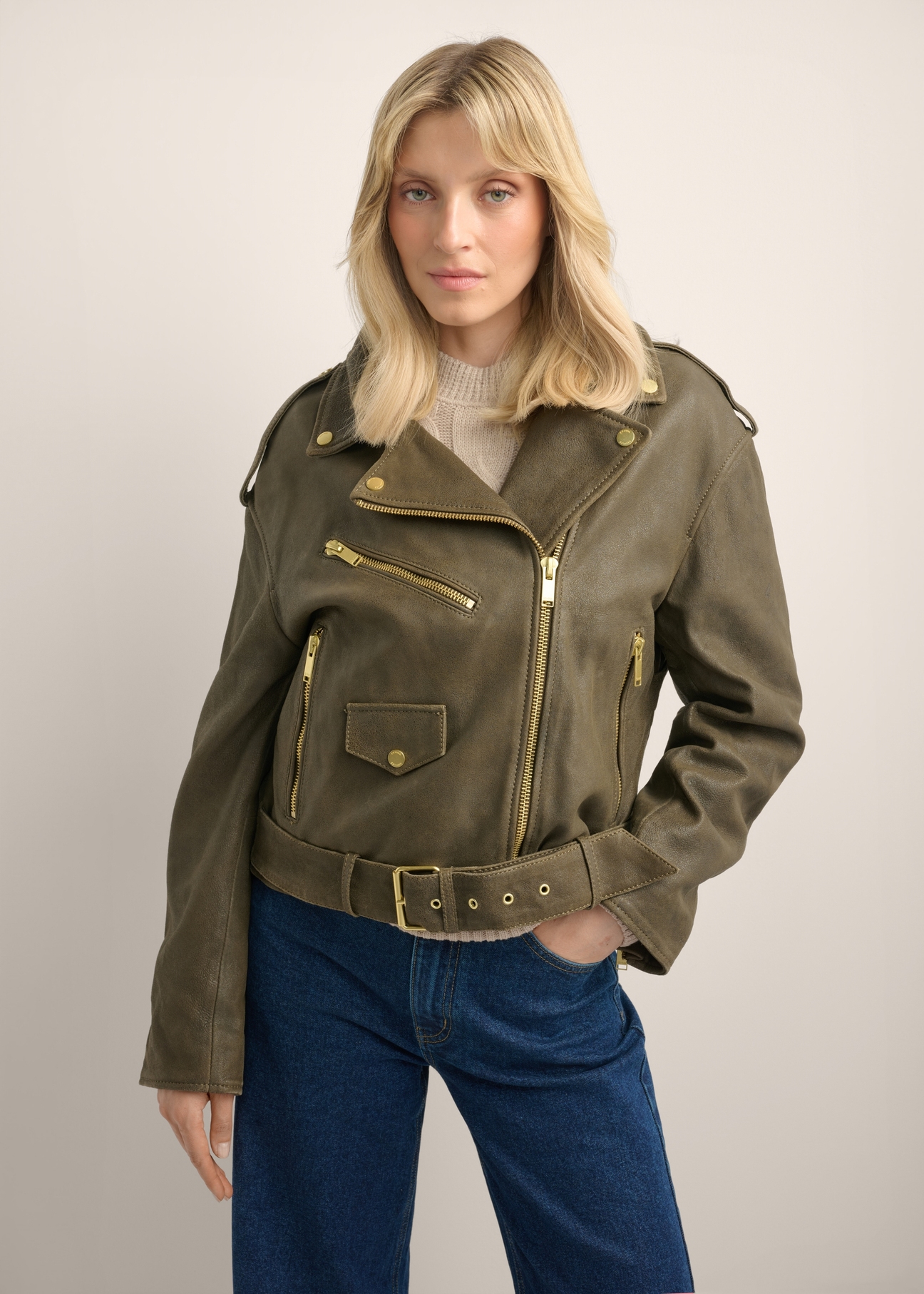 Women's leather jacket khaki KURDS-0650-8D(Z26)