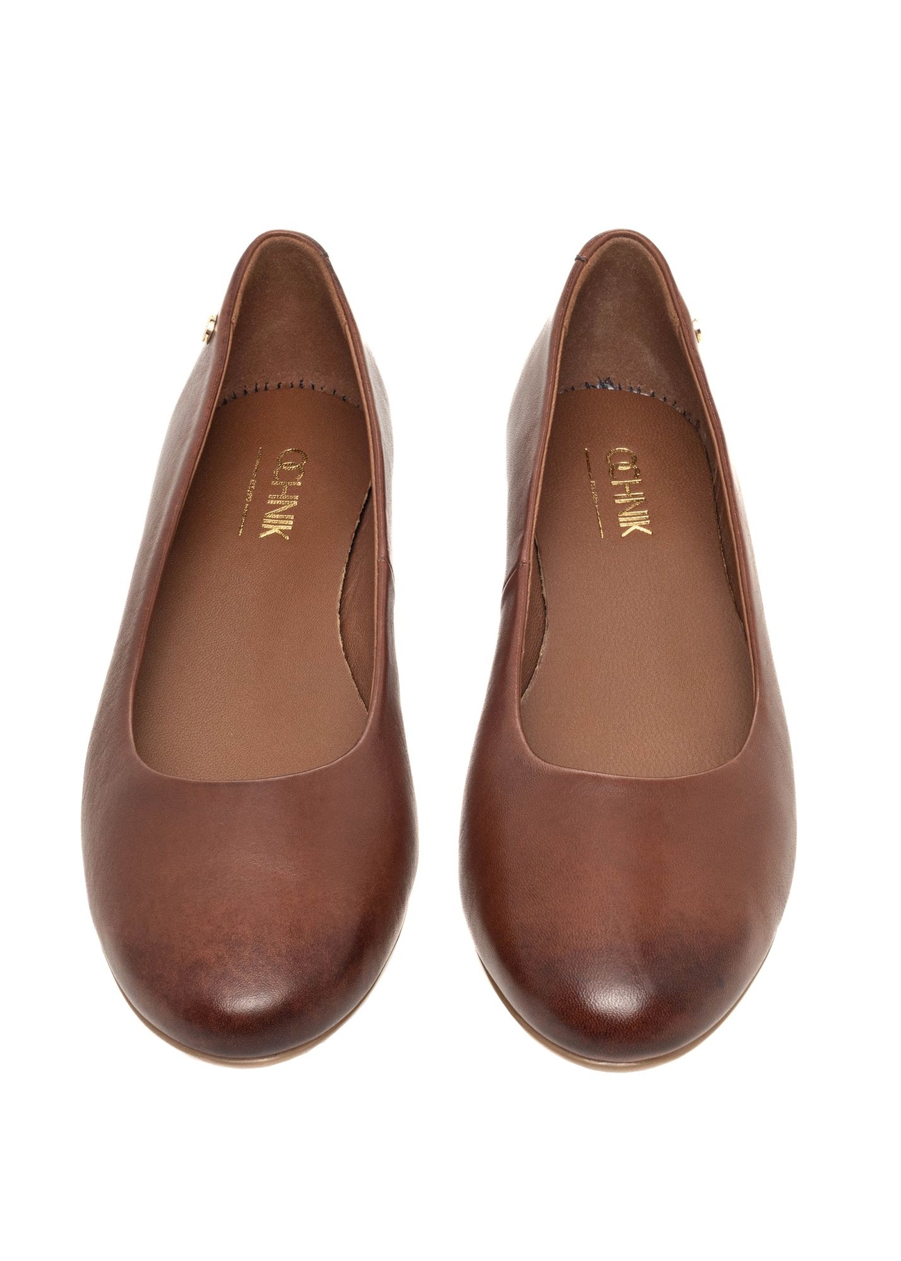 Women's brown leather ballerina flats BUTYD-1286-1I(Z26) - product view from above, on a white background.