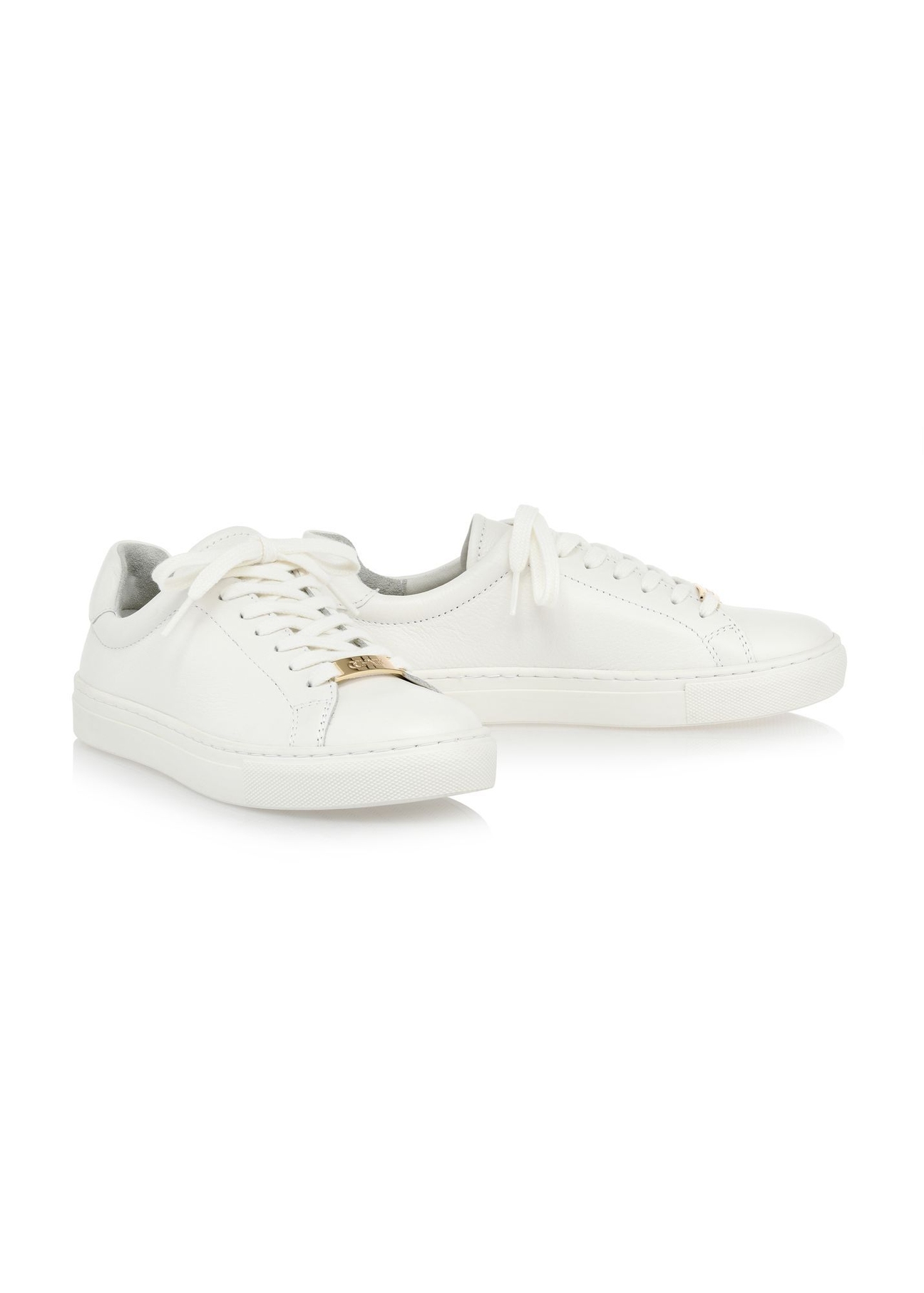 Women's white leather sneakers BUTYD-1068-0B(W26), diagonal product view on white background.