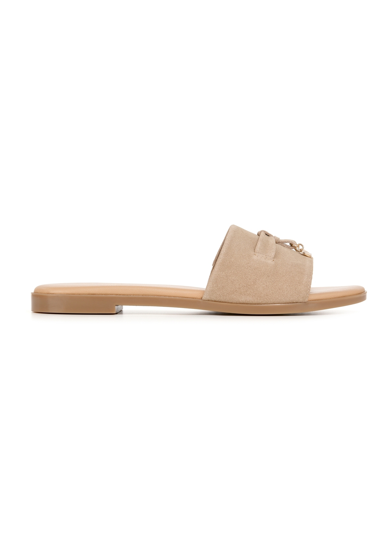 Women's suede flip-flops in cool beige color BUTYD-1255-1K(W26), side view of the product on a white background.