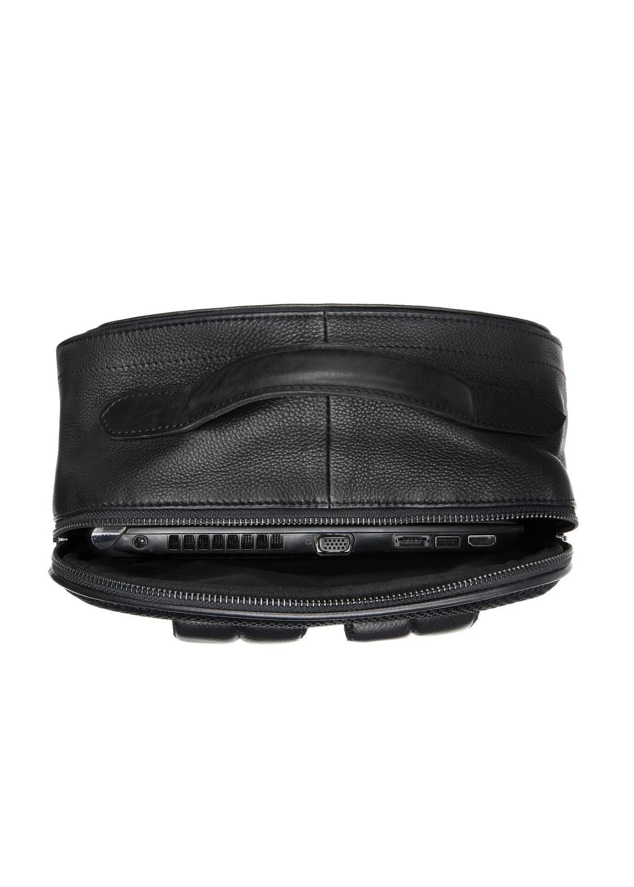 Schwarzer großer Herren-Lederrucksack PLCMS-0020A-99(Z25) – Draufsicht des Produkts auf weißem Hintergrund.