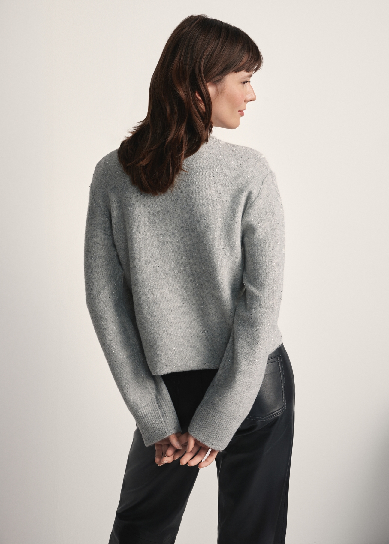 Women's gray sequined sweater SWEDT-0243-66(Z25), back view of the product on the model. Half of the silhouette visible.
