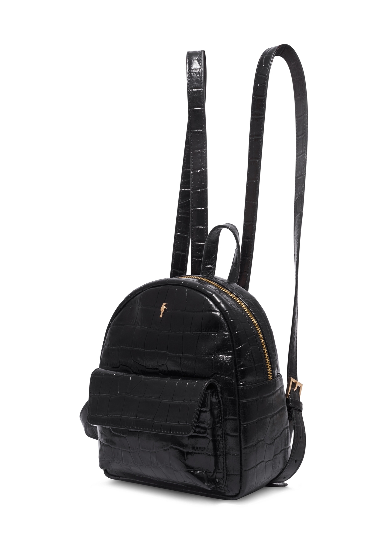 Black women's leather backpack with a crocodile-skin pattern (TORES-1323-9G(Z26)), angled product view, on a white background.