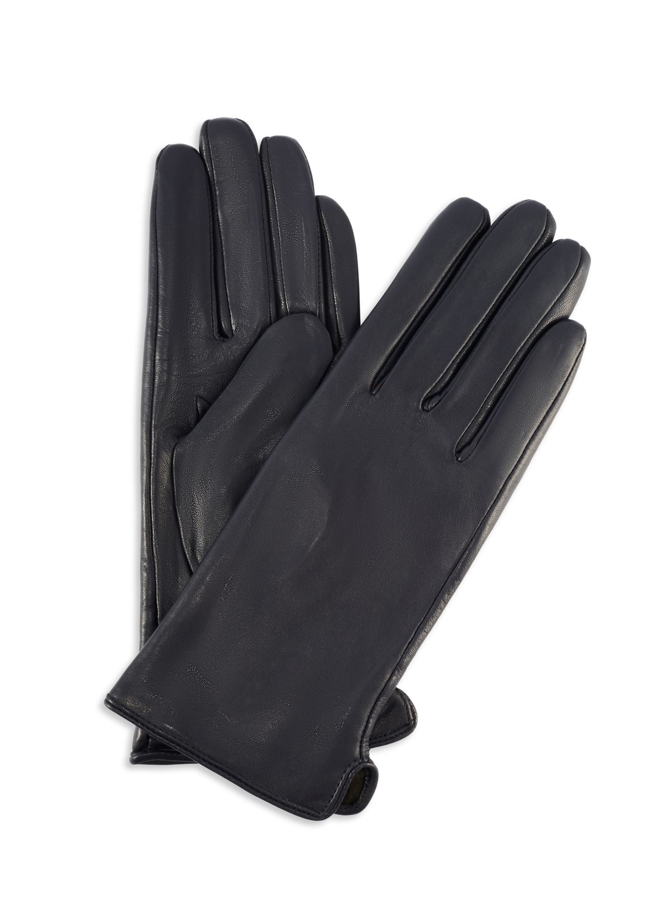 Women's navy blue leather gloves REKDS-0001A-7D(Z26), product view from the front and back on a white background.
