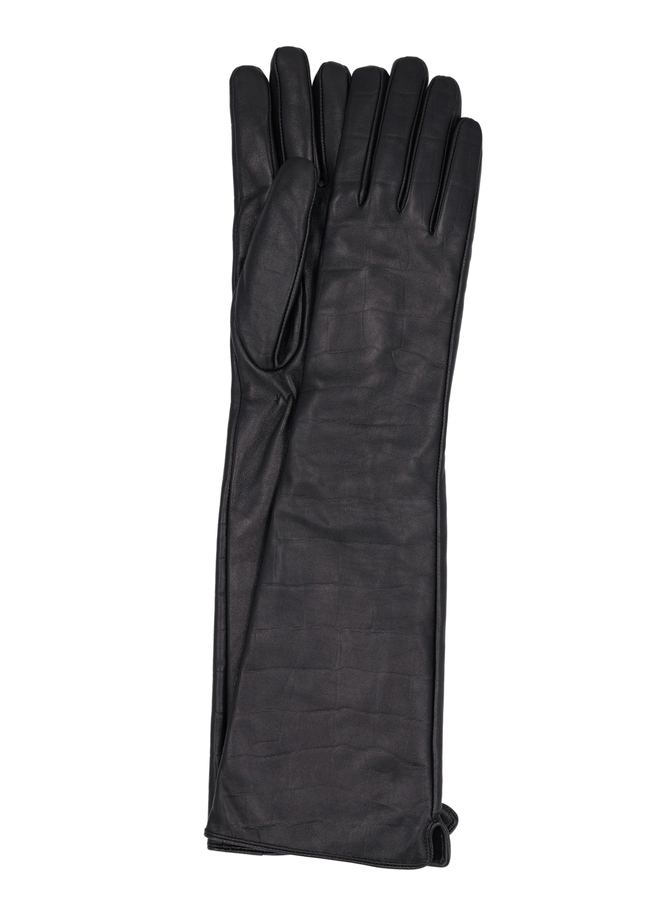 Long leather black women's croco gloves REKDS-0088-9G(Z26), front product view on white background.